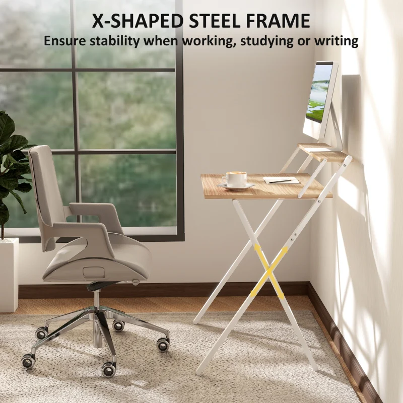 Computer Desk, 70 cm Folding with Monitor Shelf, Natural Wood Finish - Image 6