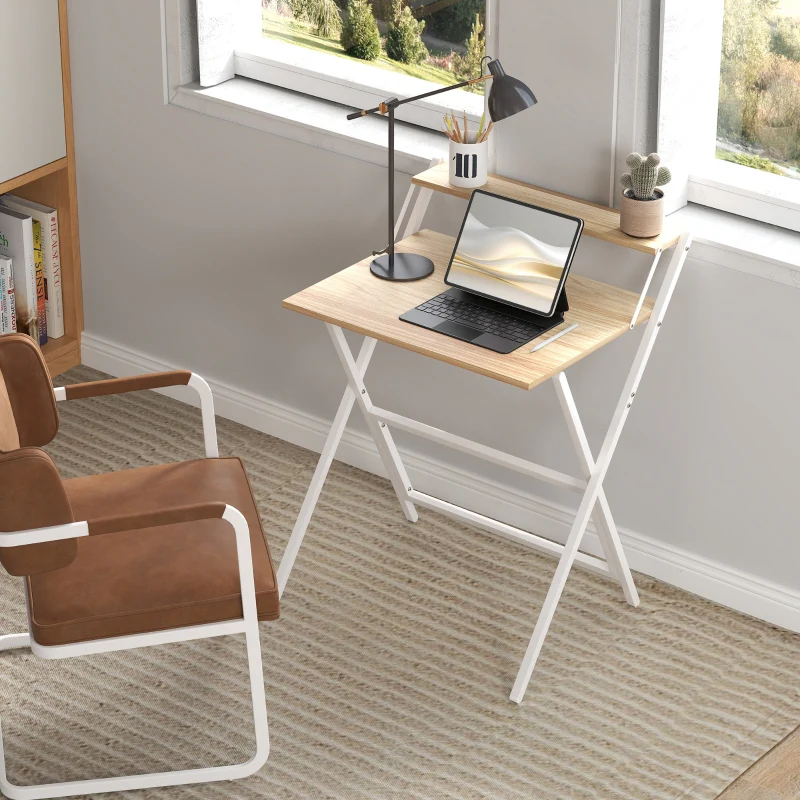 Computer Desk, 70 cm Folding with Monitor Shelf, Natural Wood Finish - Image 7