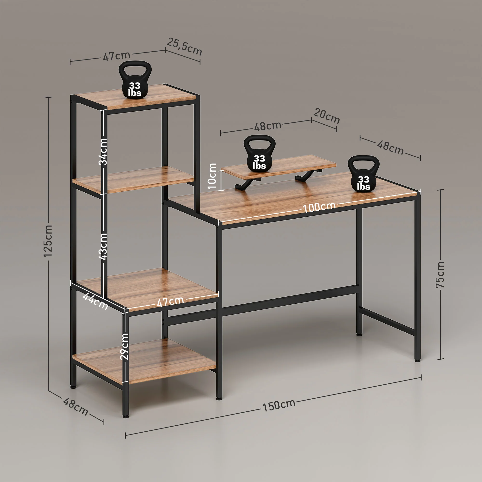 Computer Desk, Monitor Stand CPU Stand Printer Shelf 4 Shelves, Brown - Image 3