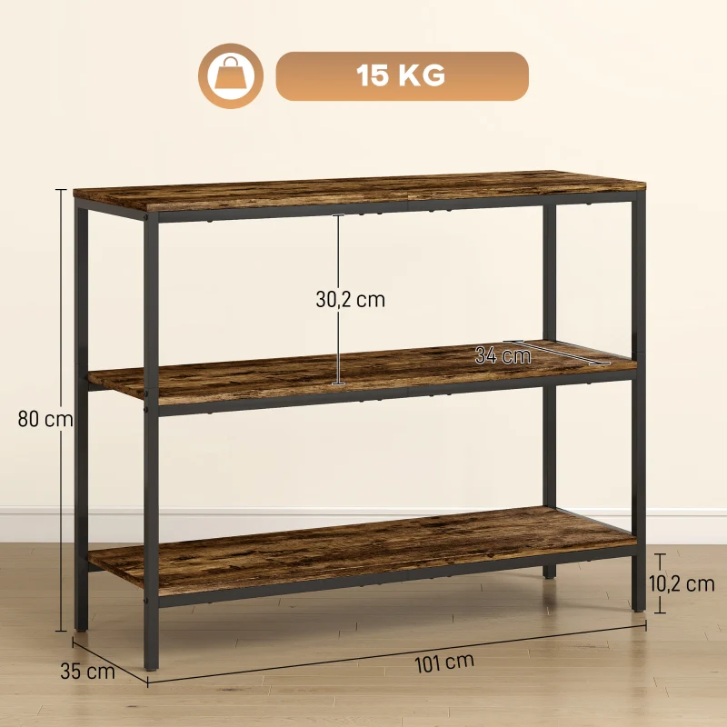Console Table with 3-tier Shelf, Chipboard and Metal, Light Brown - Image 3