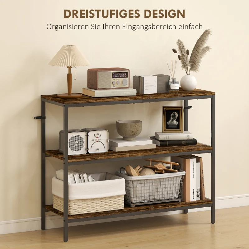 Console Table with 3-tier Shelf, Chipboard and Metal, Light Brown - Image 4
