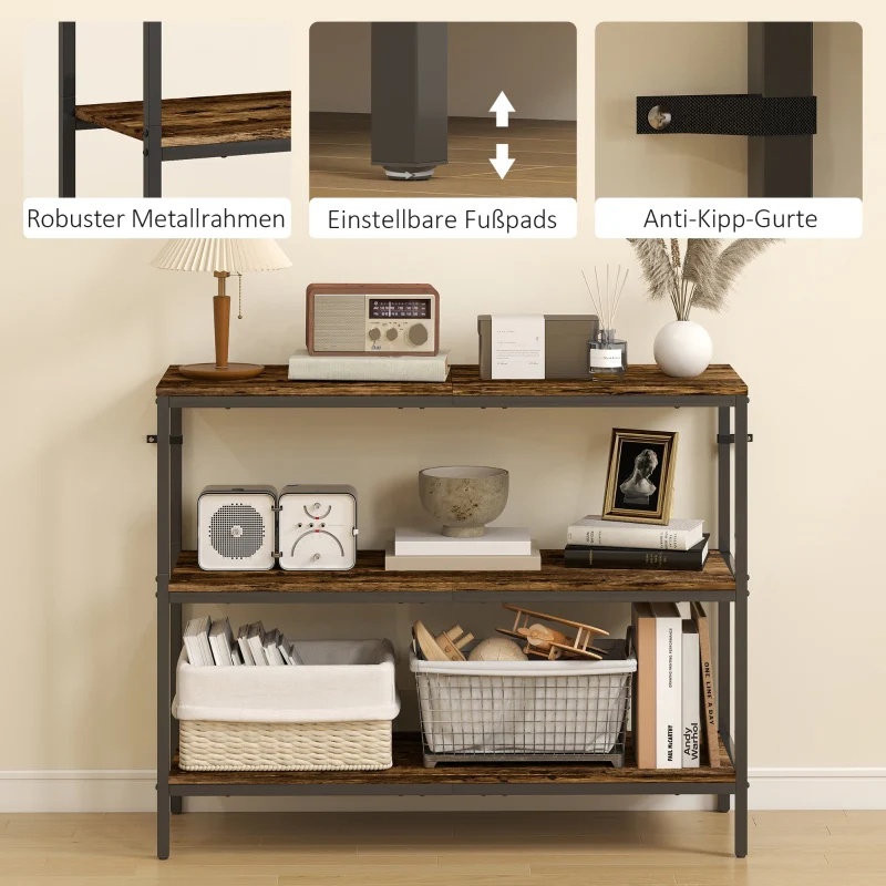 Console Table with 3-tier Shelf, Chipboard and Metal, Light Brown - Image 5