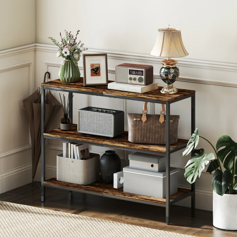 Console Table with 3-tier Shelf, Chipboard and Metal, Light Brown - Image 6