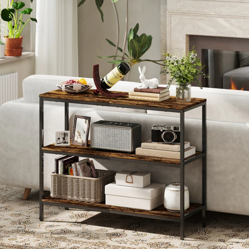 Console Table with 3-tier Shelf, Chipboard and Metal, Light Brown - Image 7