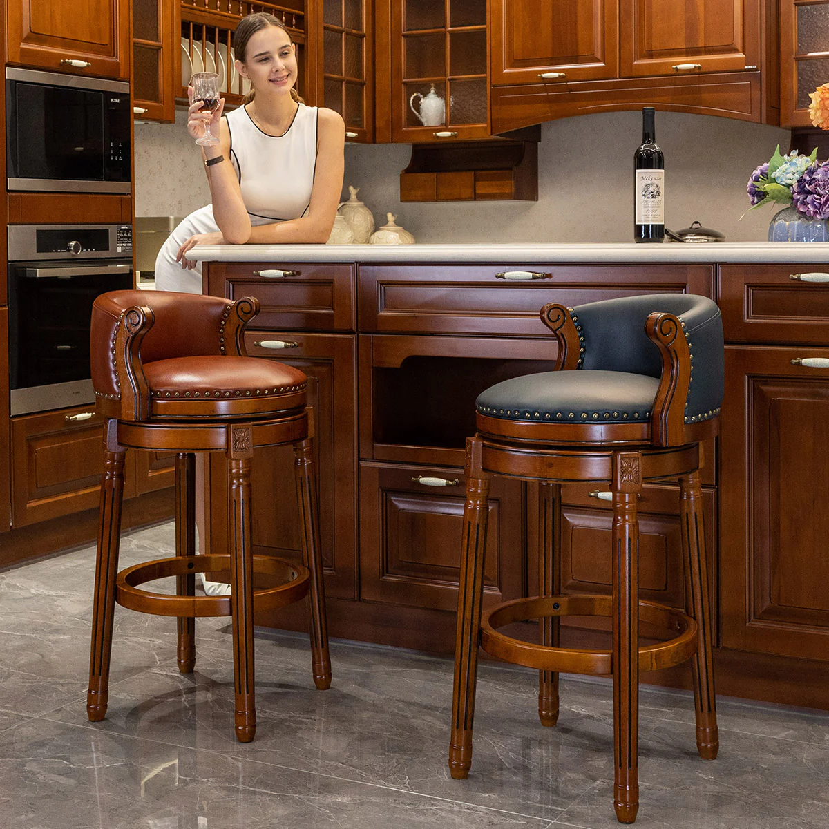 Cow Top Leather Wooden Bar Stools, Swivel Bar Chair with Backs, Counter Height, Leather/Wood - Image 6
