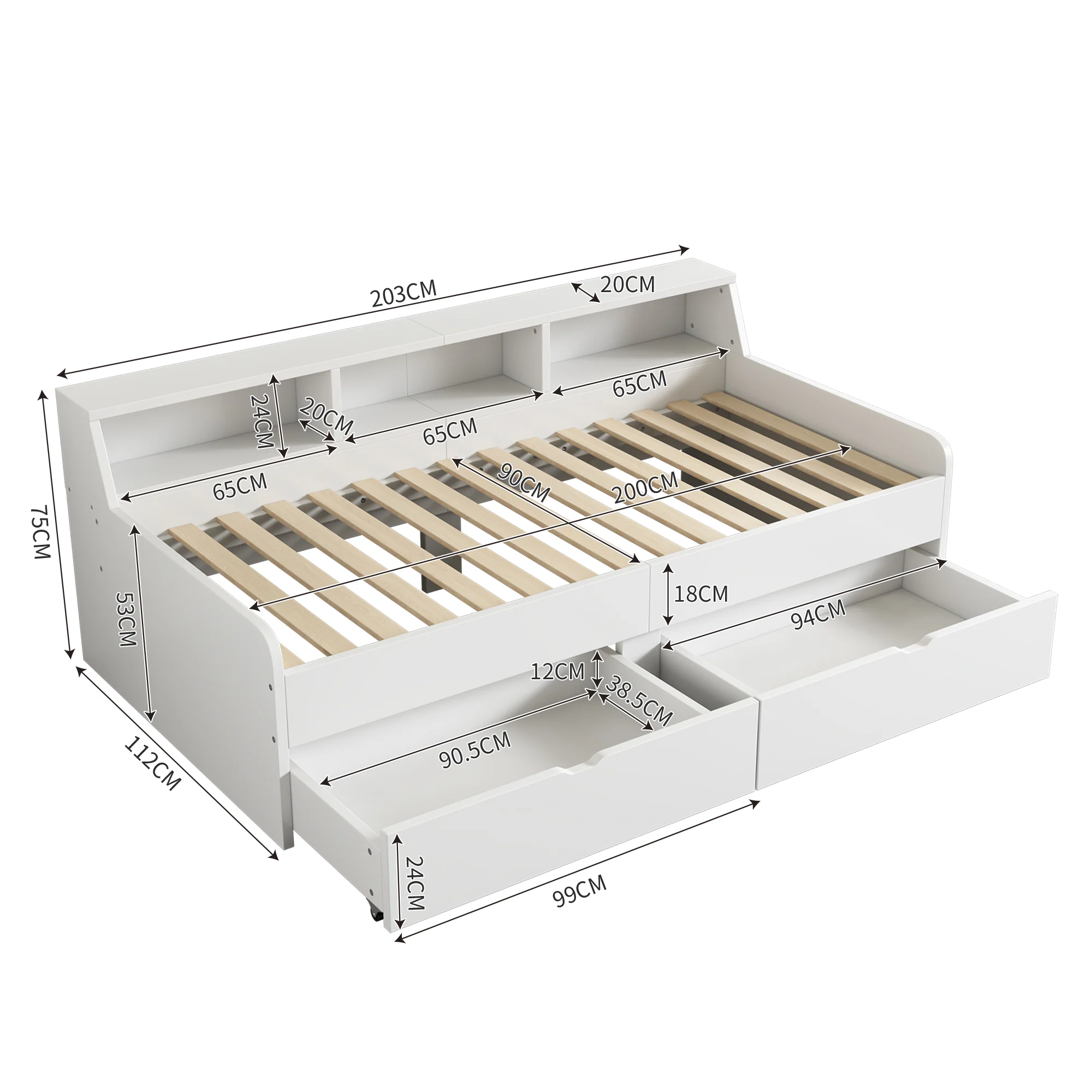 Daybed 90x200cm Single 2 Drawers Storage - White - Image 6