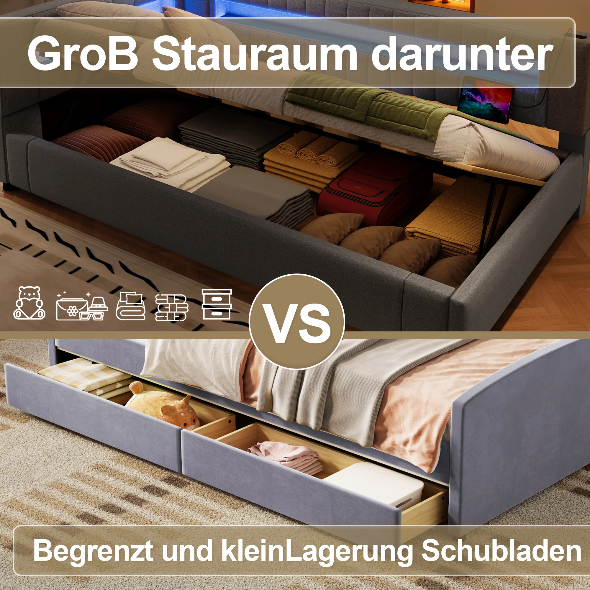 Daybed Sofa Bed with LED Lighting, Hydraulic Storage and USB Charging, Grey Linen - Image 3