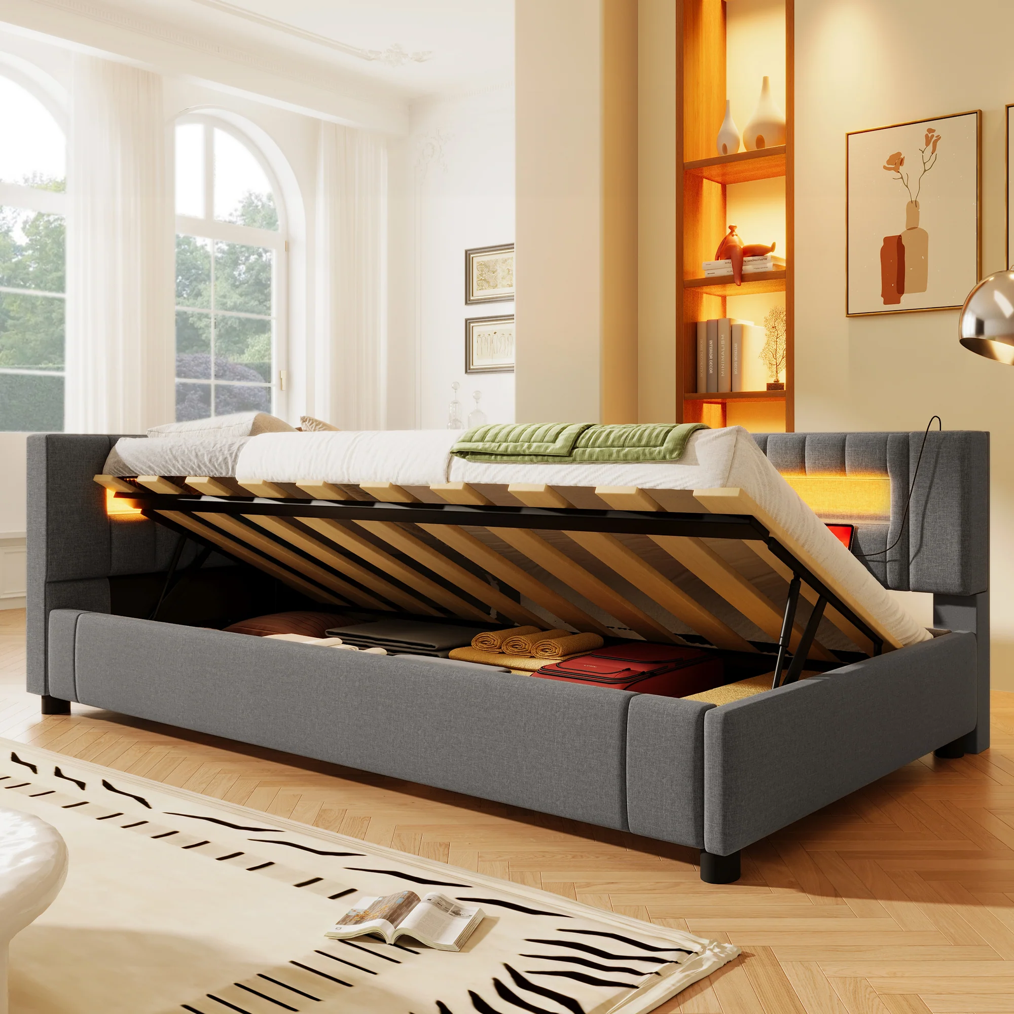 Daybed Sofa Bed with LED Lighting, Hydraulic Storage and USB Charging, Grey Linen - Image 4