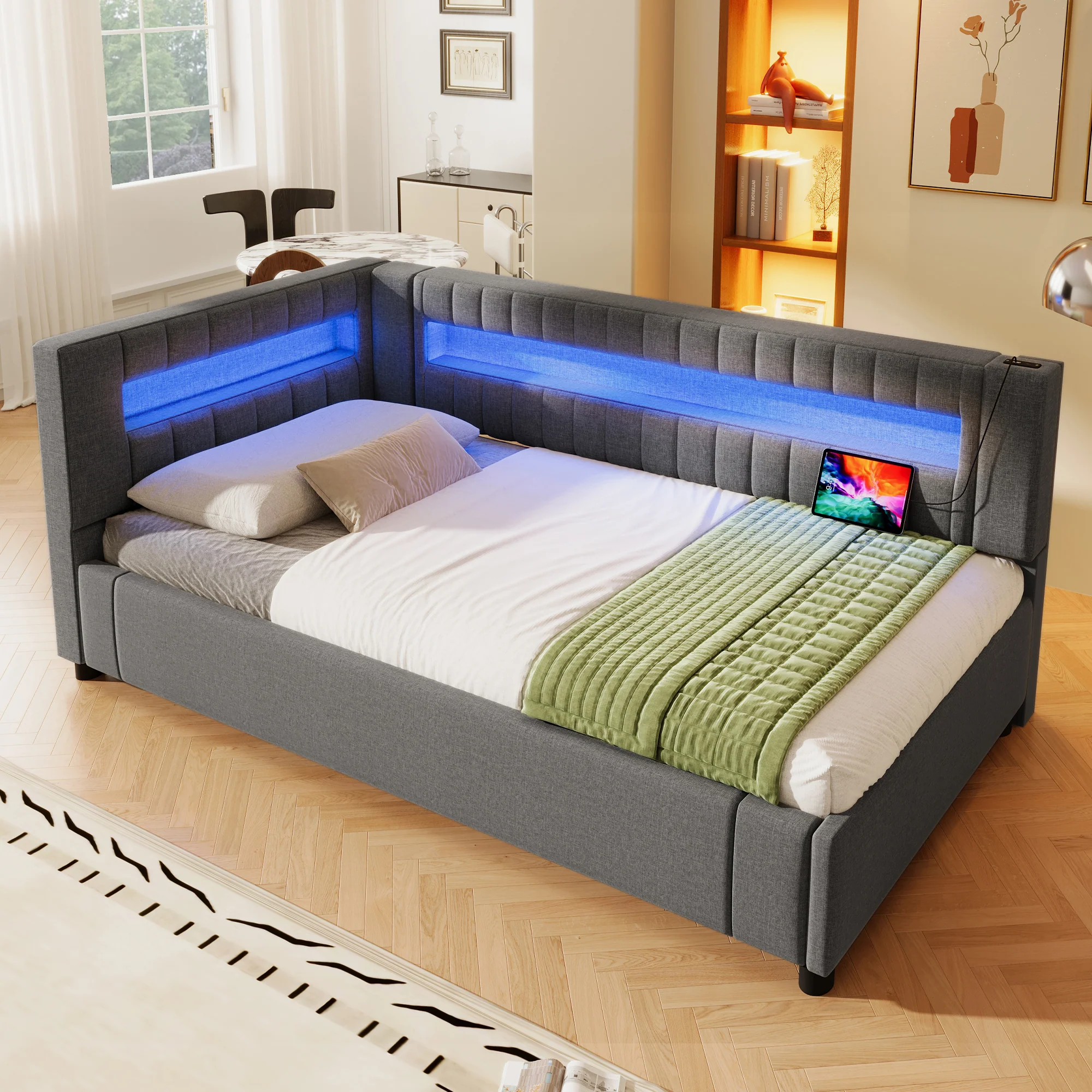 Daybed Sofa Bed with LED Lighting, Hydraulic Storage and USB Charging, Grey Linen - Image 5