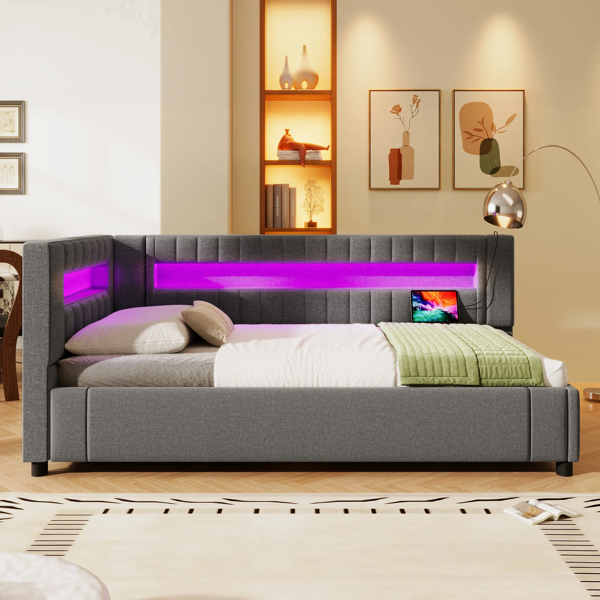Daybed Sofa Bed with LED Lighting, Hydraulic Storage and USB Charging, Grey Linen - Image 6