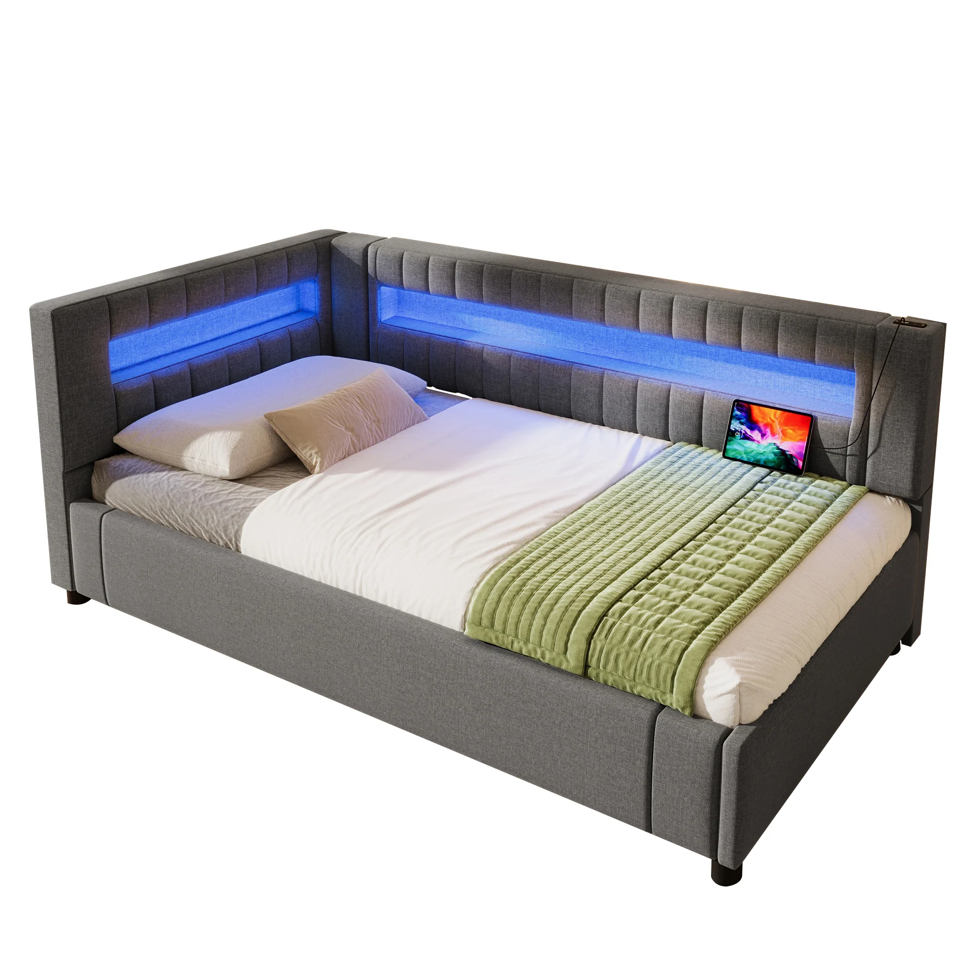 Daybed Sofa Bed with LED Lighting, Hydraulic Storage and USB Charging, Grey Linen - Image 7