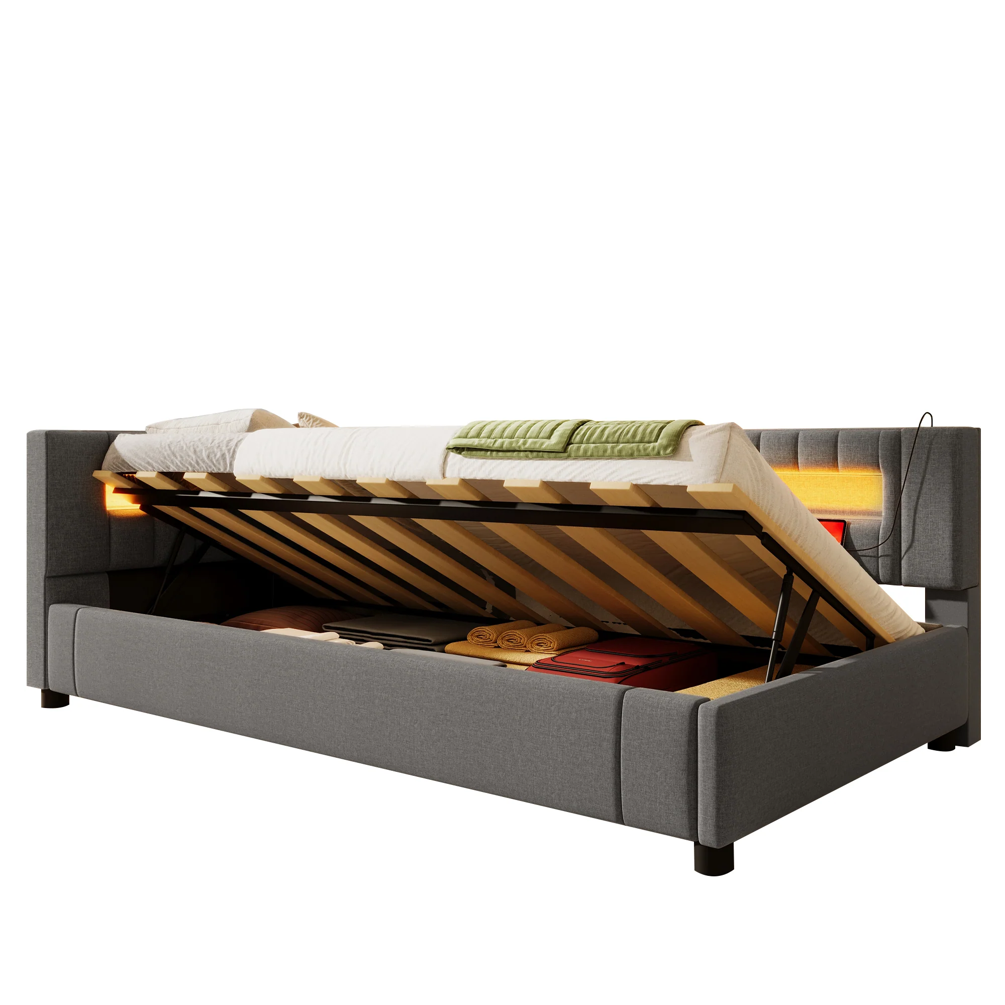 Daybed Sofa Bed with LED Lighting, Hydraulic Storage and USB Charging, Grey Linen - Image 8