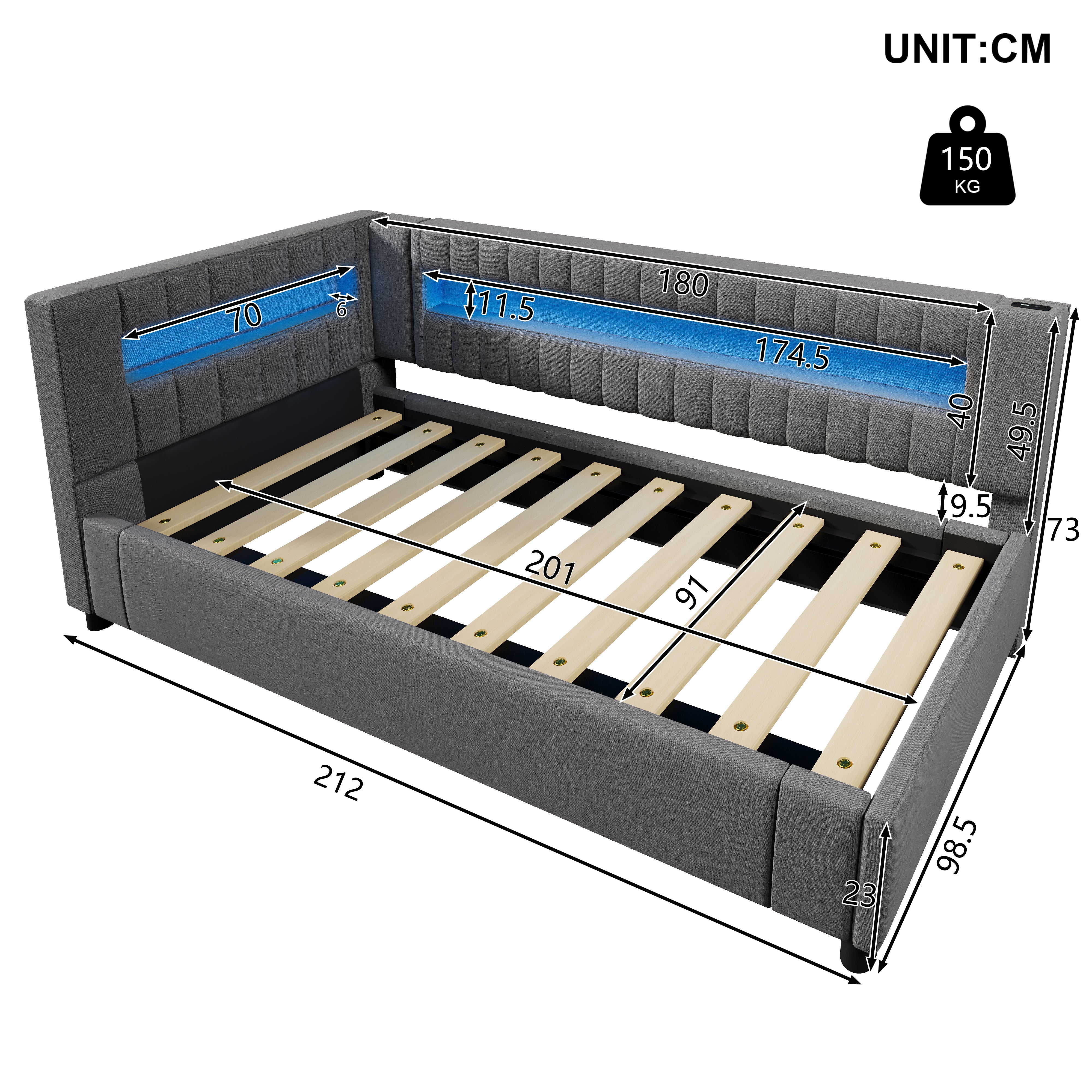 Daybed Sofa Bed with LED Lighting, Hydraulic Storage and USB Charging, Grey Linen - Image 9