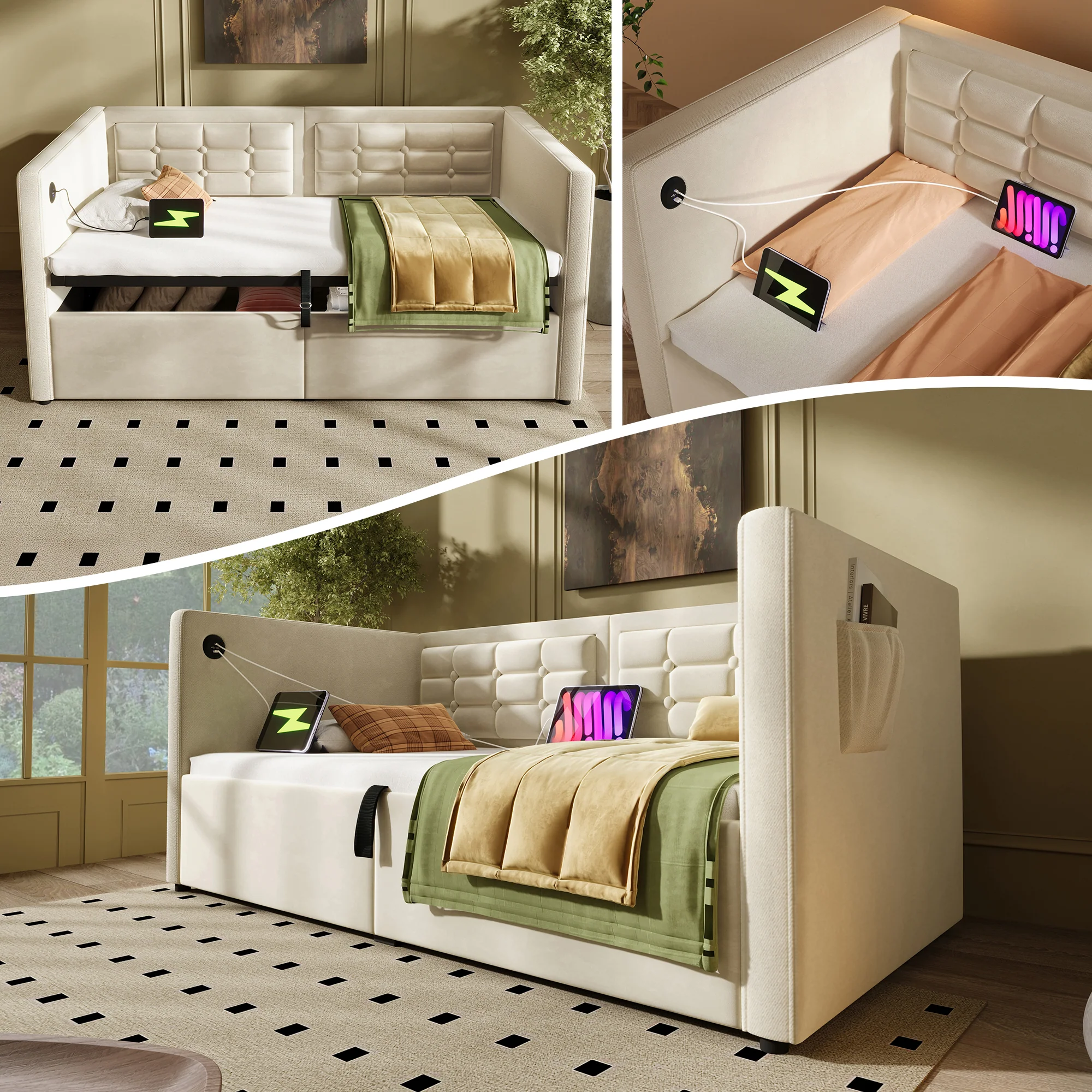Daybed Upholstered Bed 3FT Single, USB Charging, Hydraulic Storage, Velvet Beige (No Mattress)
