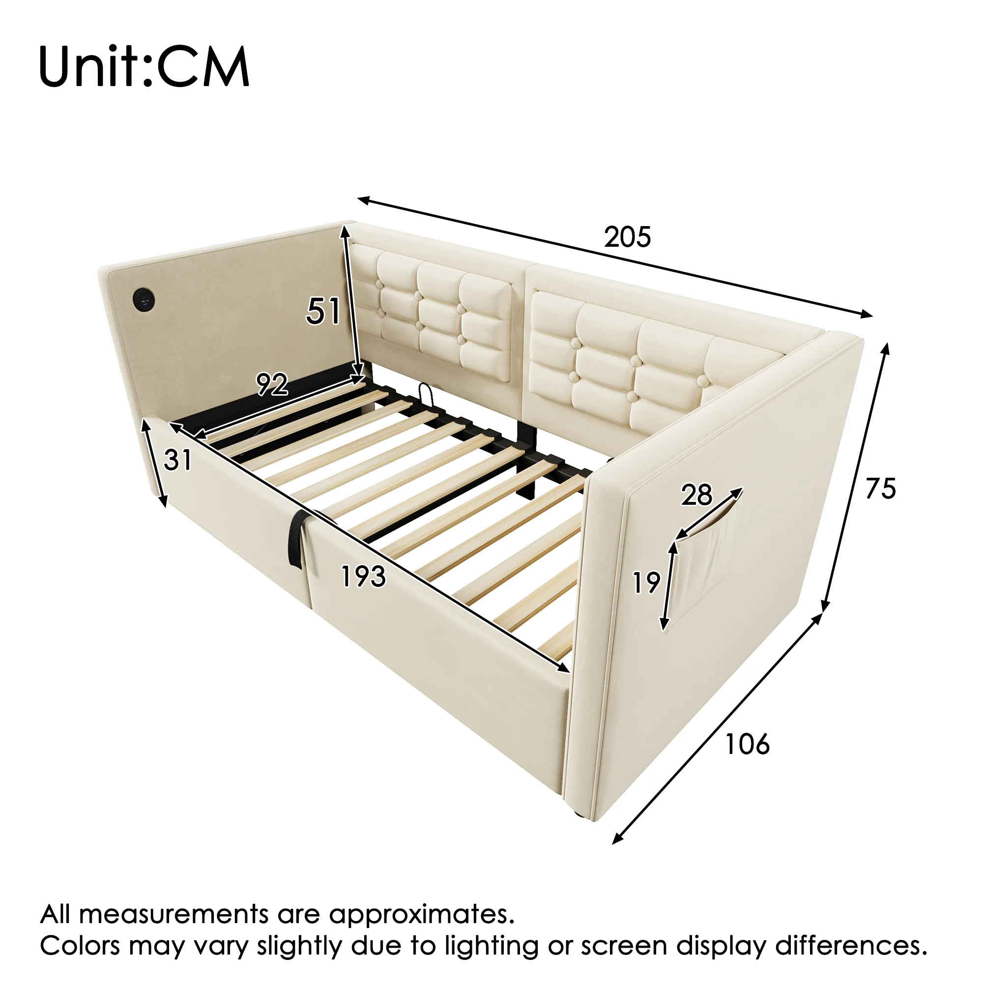 Daybed Upholstered Bed 3FT Single, USB Charging, Hydraulic Storage, Velvet Beige (No Mattress) - Image 2