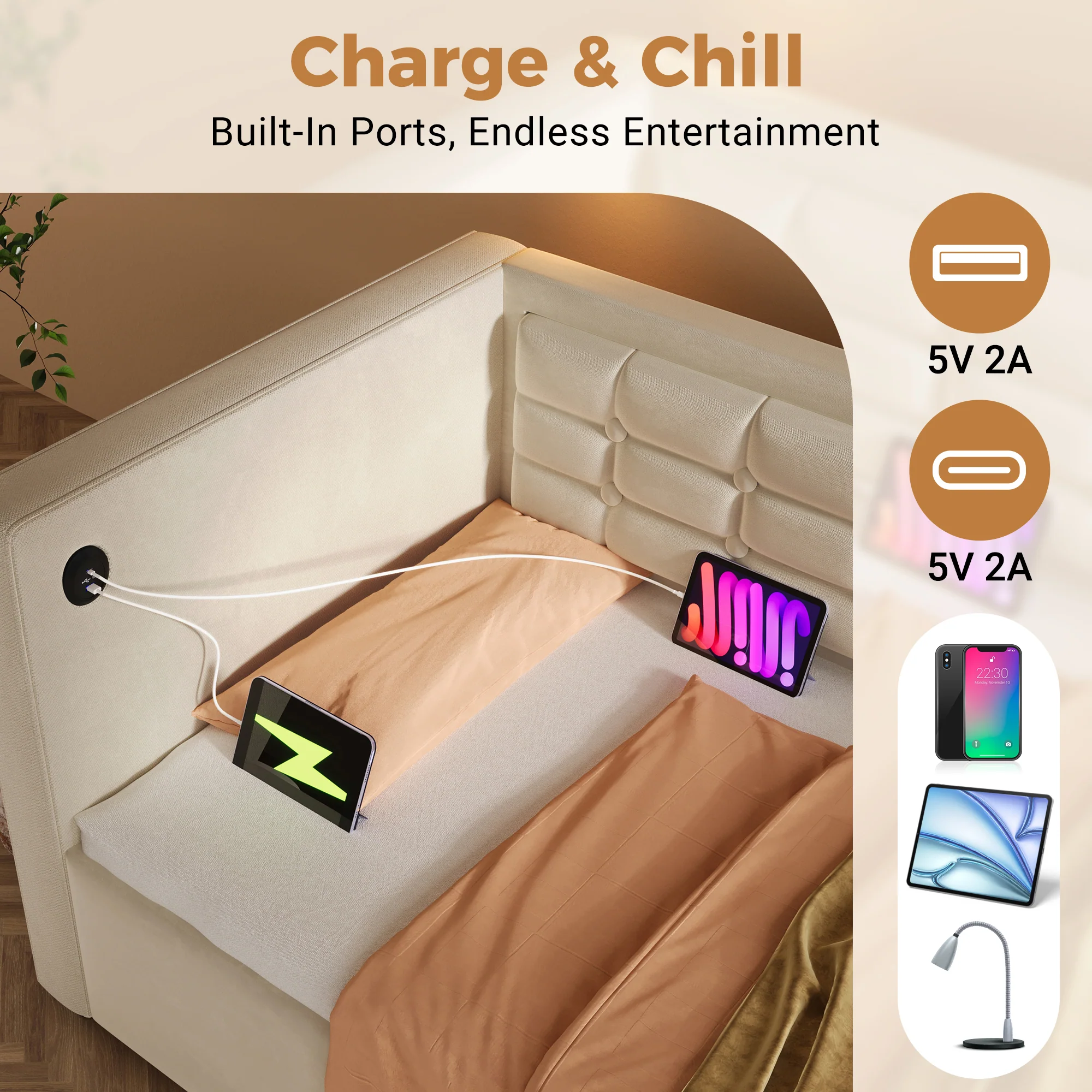 Daybed Upholstered Bed 3FT Single, USB Charging, Hydraulic Storage, Velvet Beige (No Mattress) - Image 3