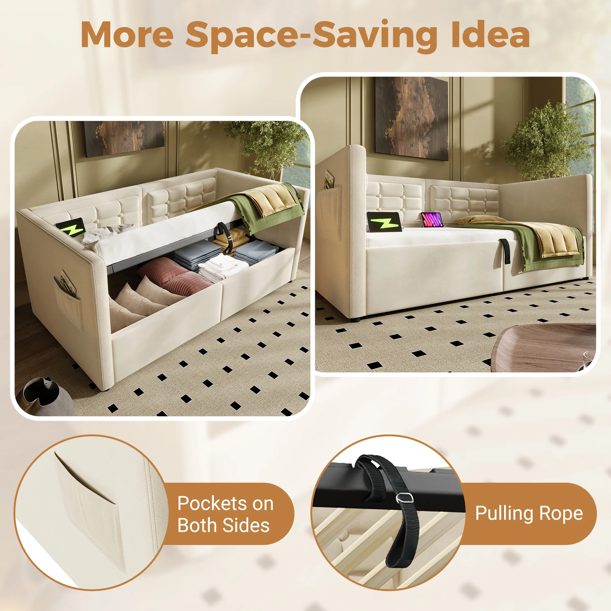 Daybed Upholstered Bed 3FT Single, USB Charging, Hydraulic Storage, Velvet Beige (No Mattress) - Image 4