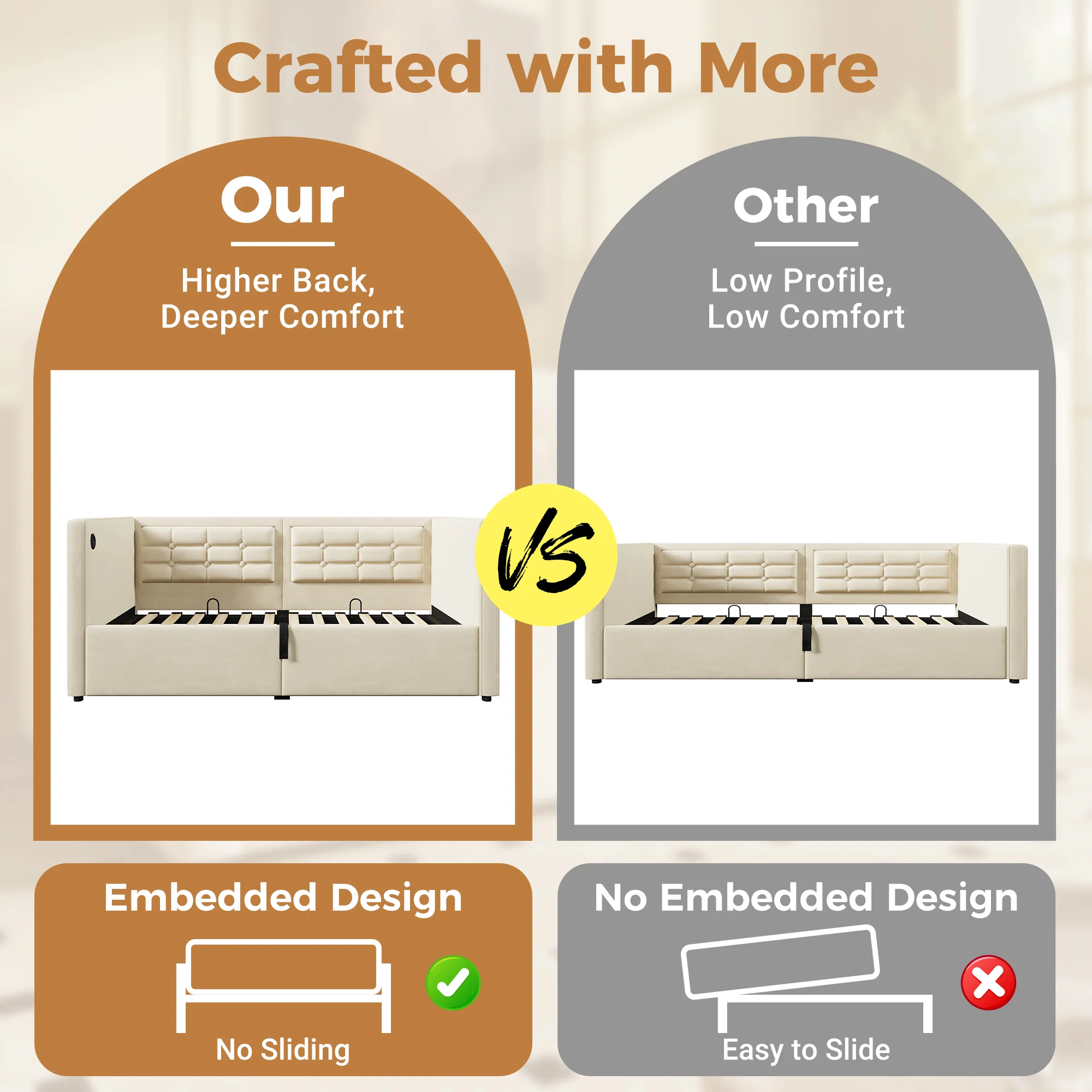 Daybed Upholstered Bed 3FT Single, USB Charging, Hydraulic Storage, Velvet Beige (No Mattress) - Image 5