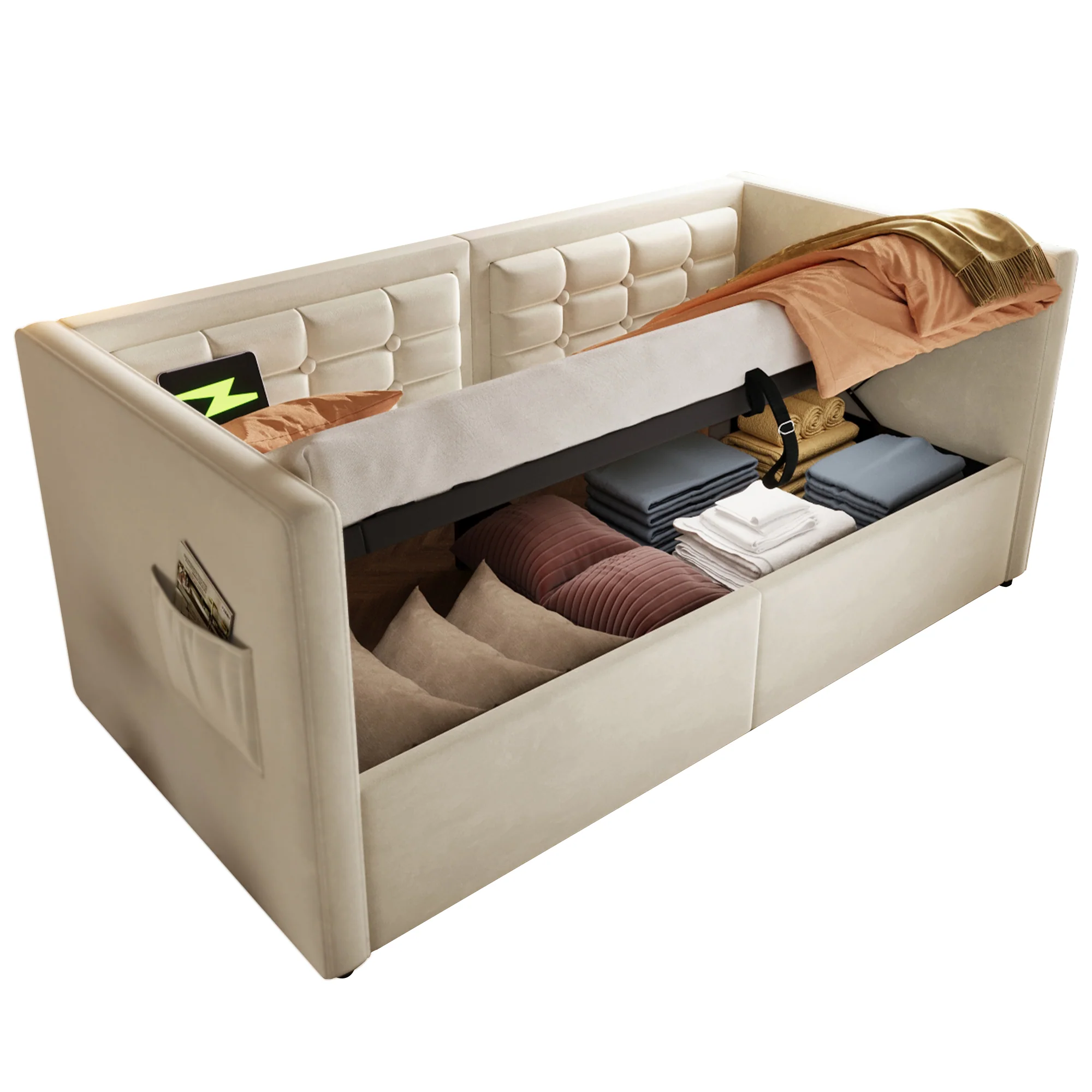 Daybed Upholstered Bed 3FT Single, USB Charging, Hydraulic Storage, Velvet Beige (No Mattress) - Image 6