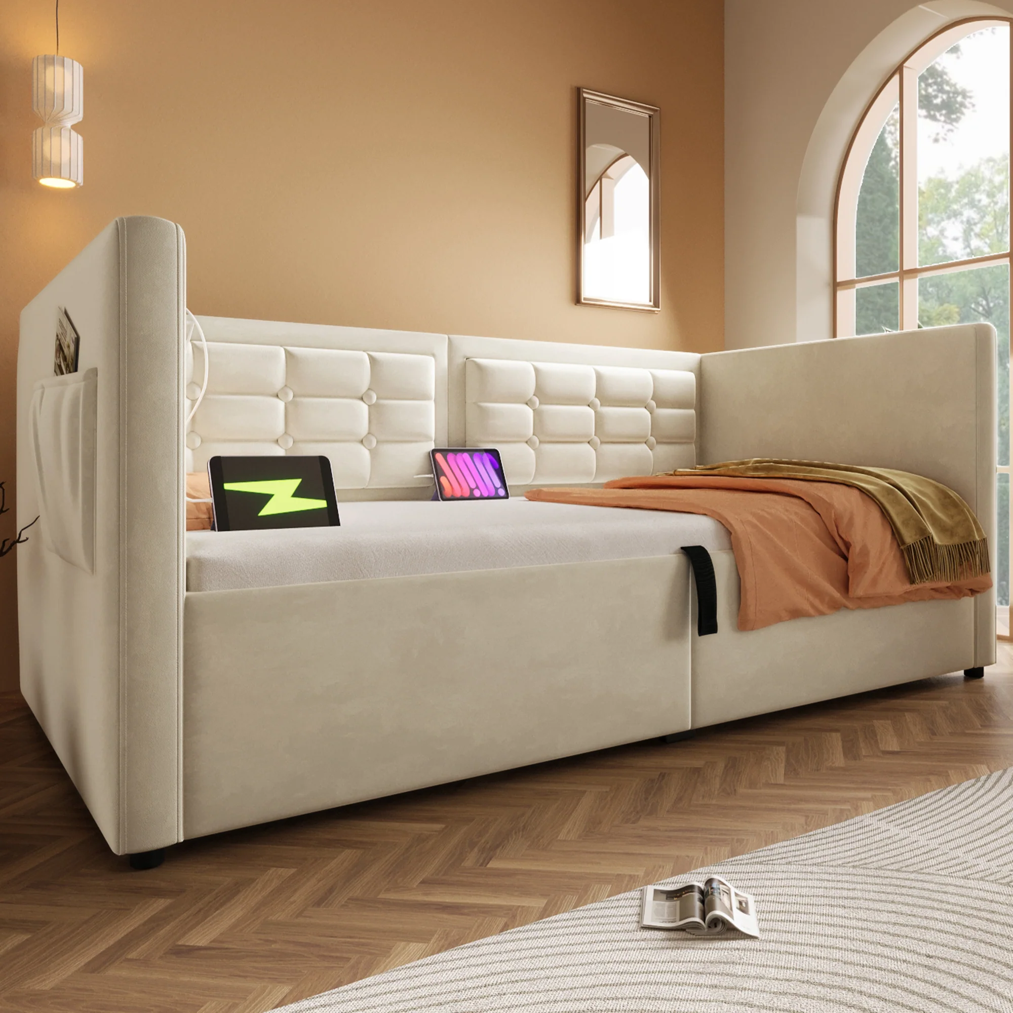 Daybed Upholstered Bed 3FT Single, USB Charging, Hydraulic Storage, Velvet Beige (No Mattress) - Image 7