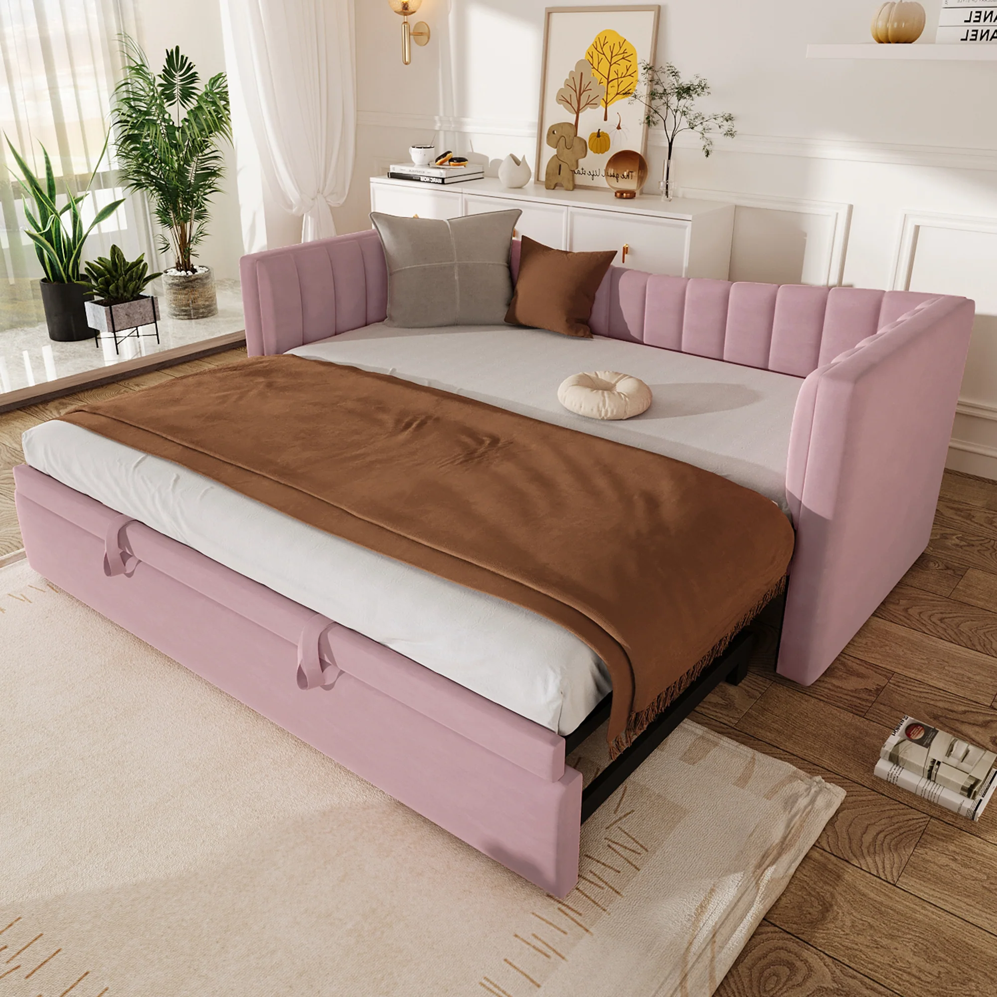 Daybed Upholstered Pull-out Bed 90/180x200cm - Velvet Pink