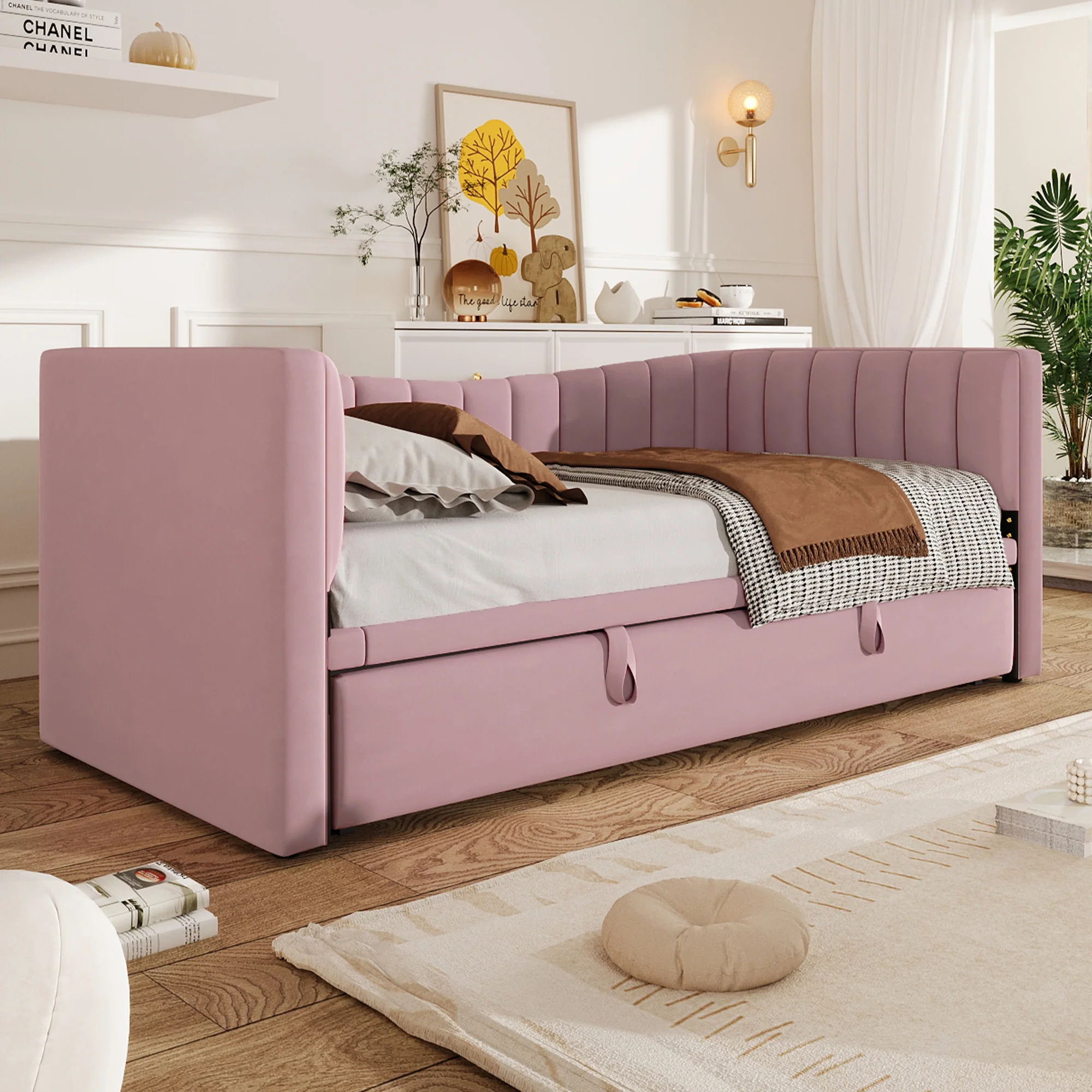 Daybed Upholstered Pull-out Bed 90/180x200cm - Velvet Pink - Image 2