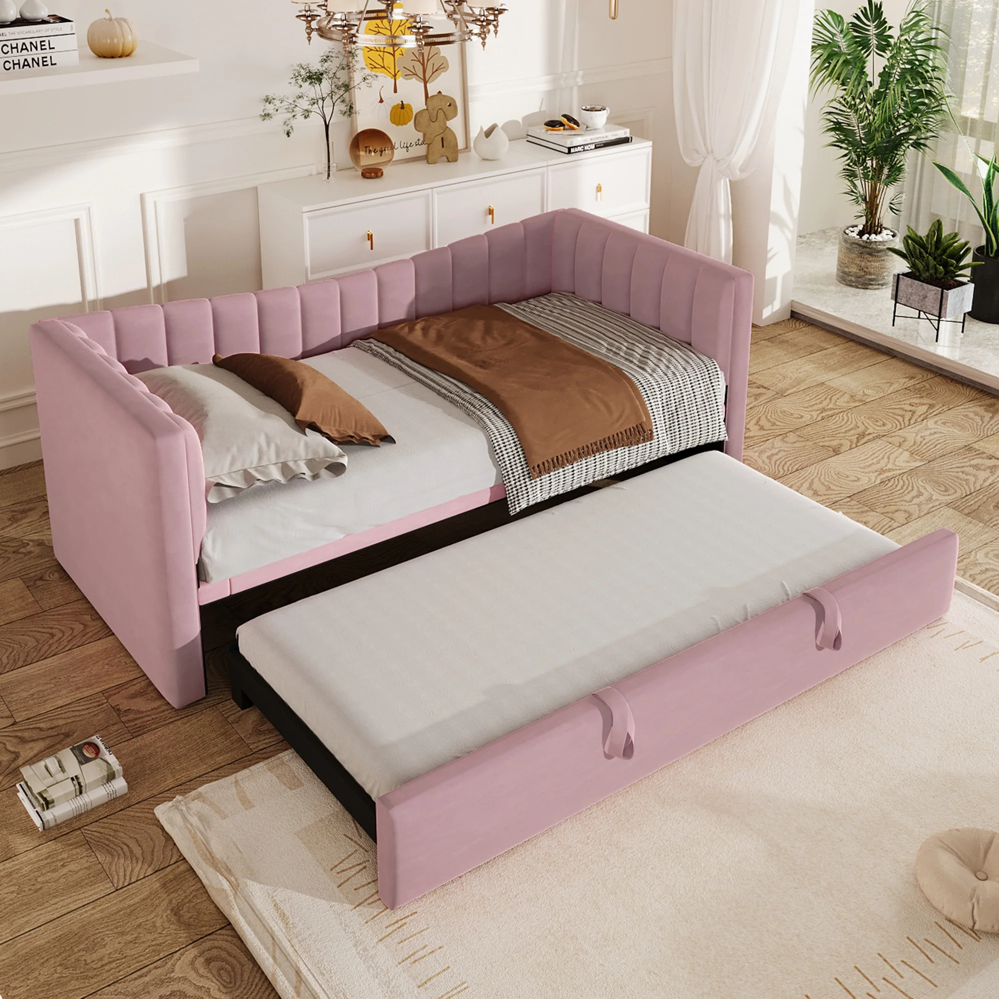Daybed Upholstered Pull-out Bed 90/180x200cm - Velvet Pink - Image 3