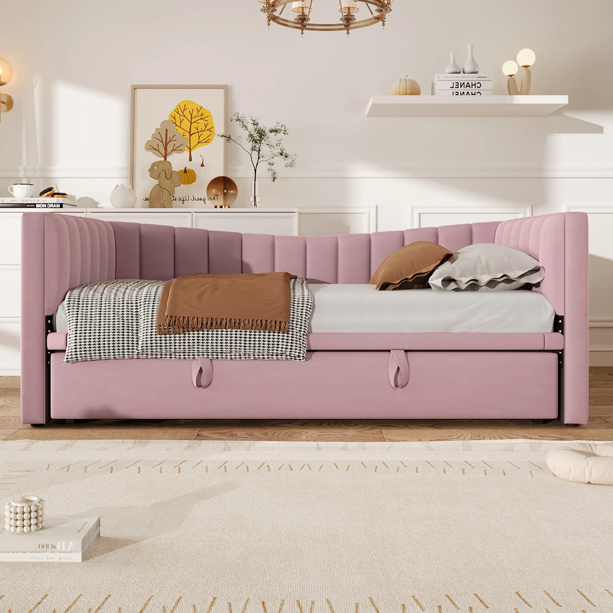 Daybed Upholstered Pull-out Bed 90/180x200cm - Velvet Pink - Image 4