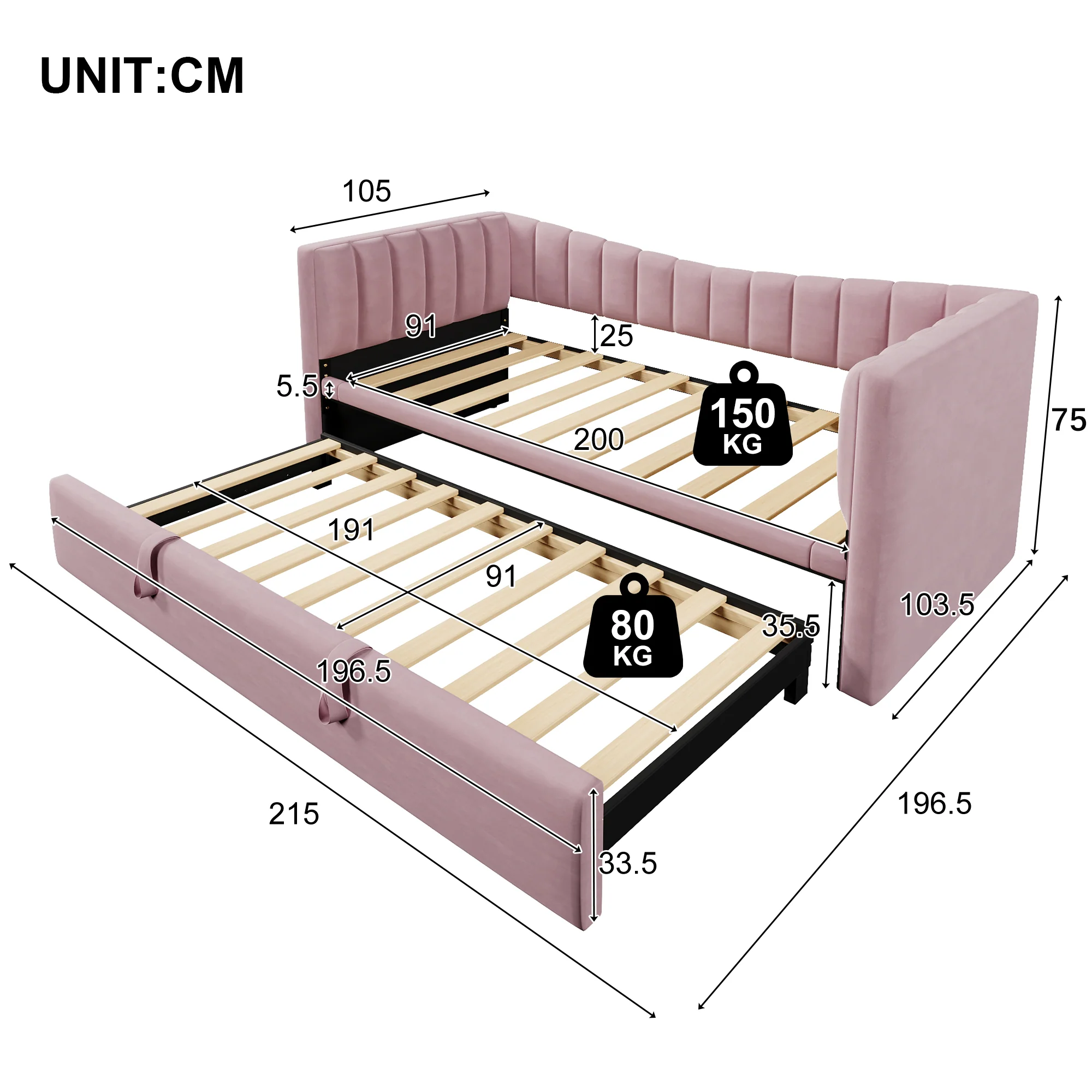 Daybed Upholstered Pull-out Bed 90/180x200cm - Velvet Pink - Image 5