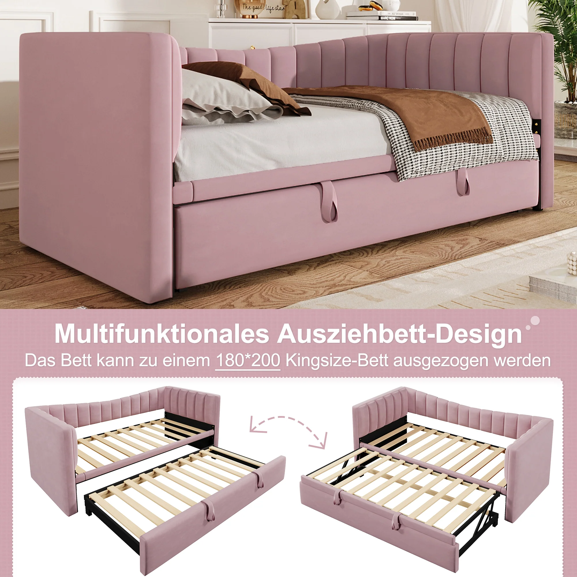 Daybed Upholstered Pull-out Bed 90/180x200cm - Velvet Pink - Image 6