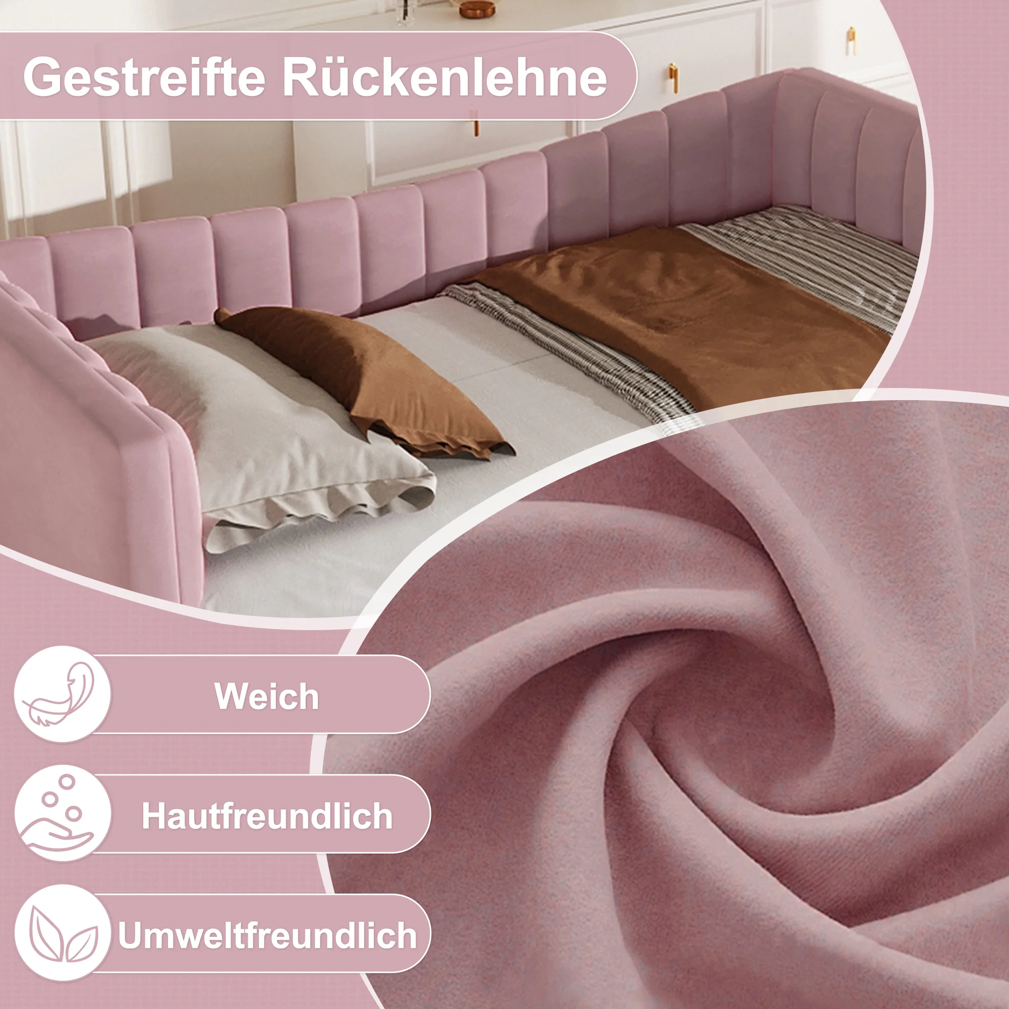 Daybed Upholstered Pull-out Bed 90/180x200cm - Velvet Pink - Image 7