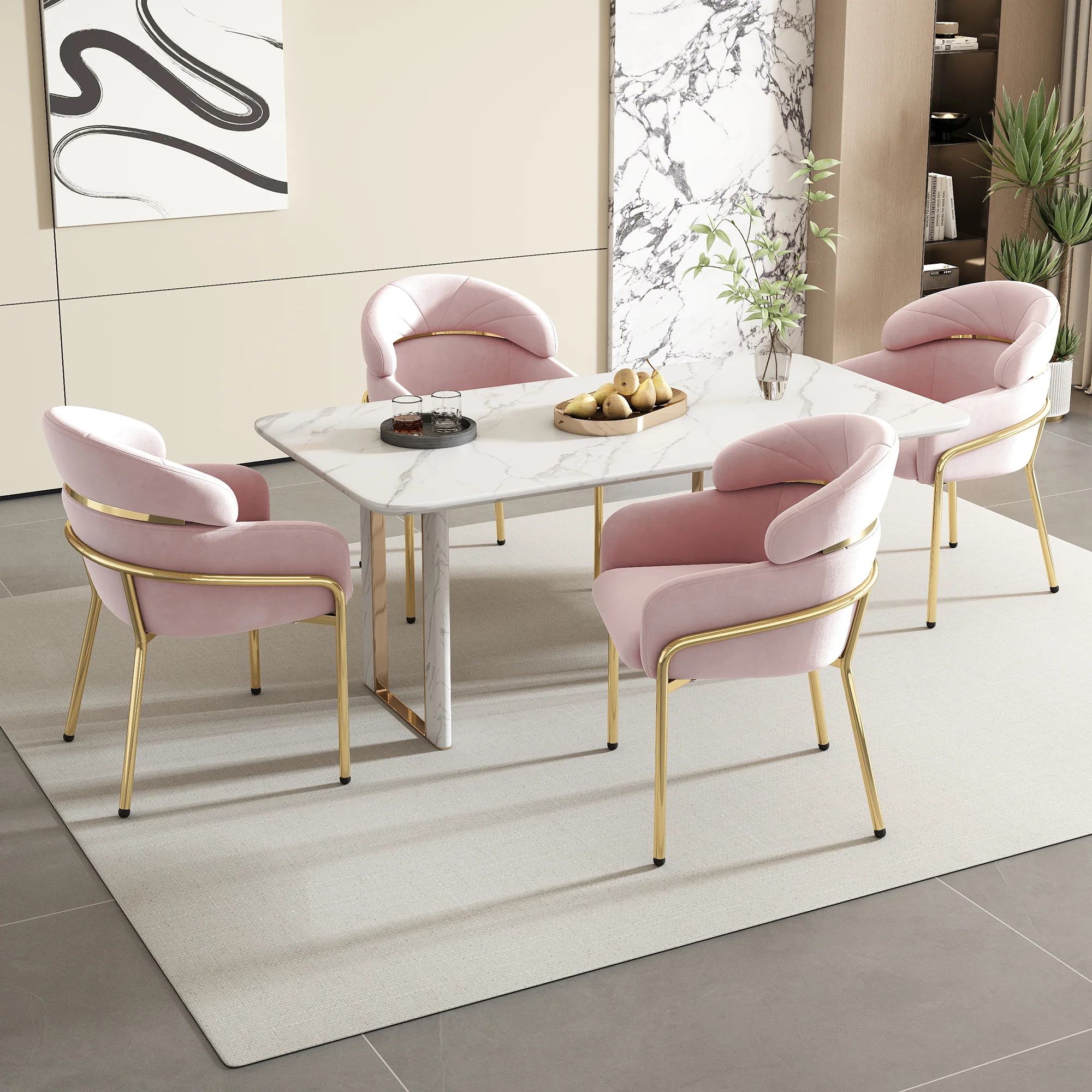 Dining Chair Light Luxury Leisure Metal Legs Velvet Pink