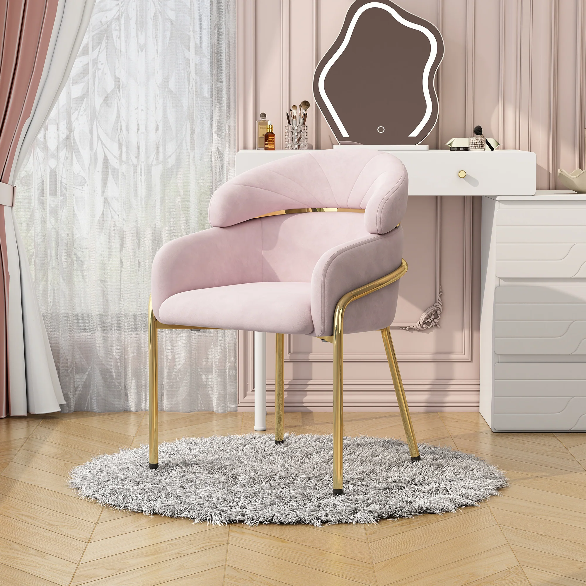 Dining Chair, Single Light Luxury Leisure with Four Metal Legs, Pink Velvet - Image 2