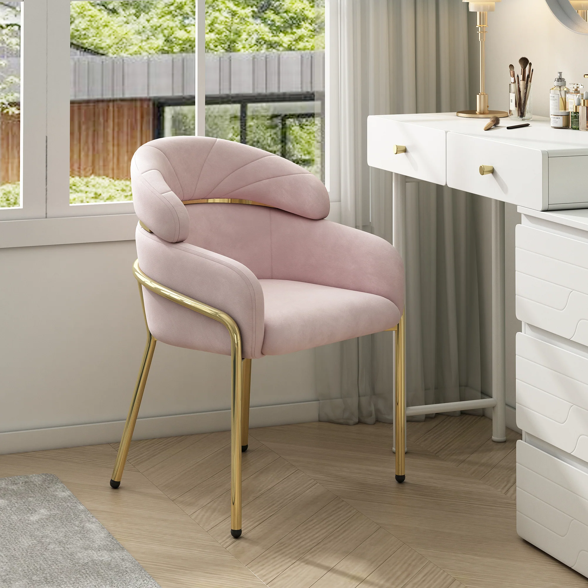 Dining Chair, Single Light Luxury Leisure with Four Metal Legs, Pink Velvet - Image 3