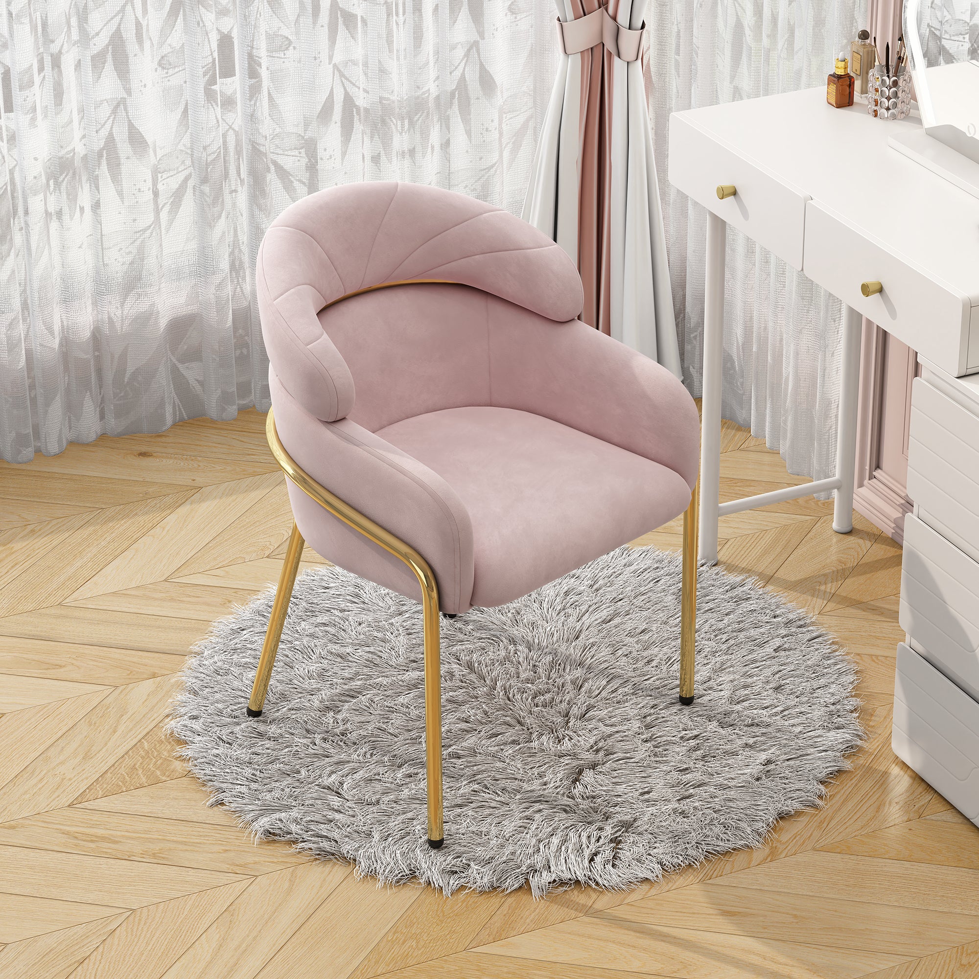 Dining Chair, Single Light Luxury Leisure with Four Metal Legs, Pink Velvet - Image 4