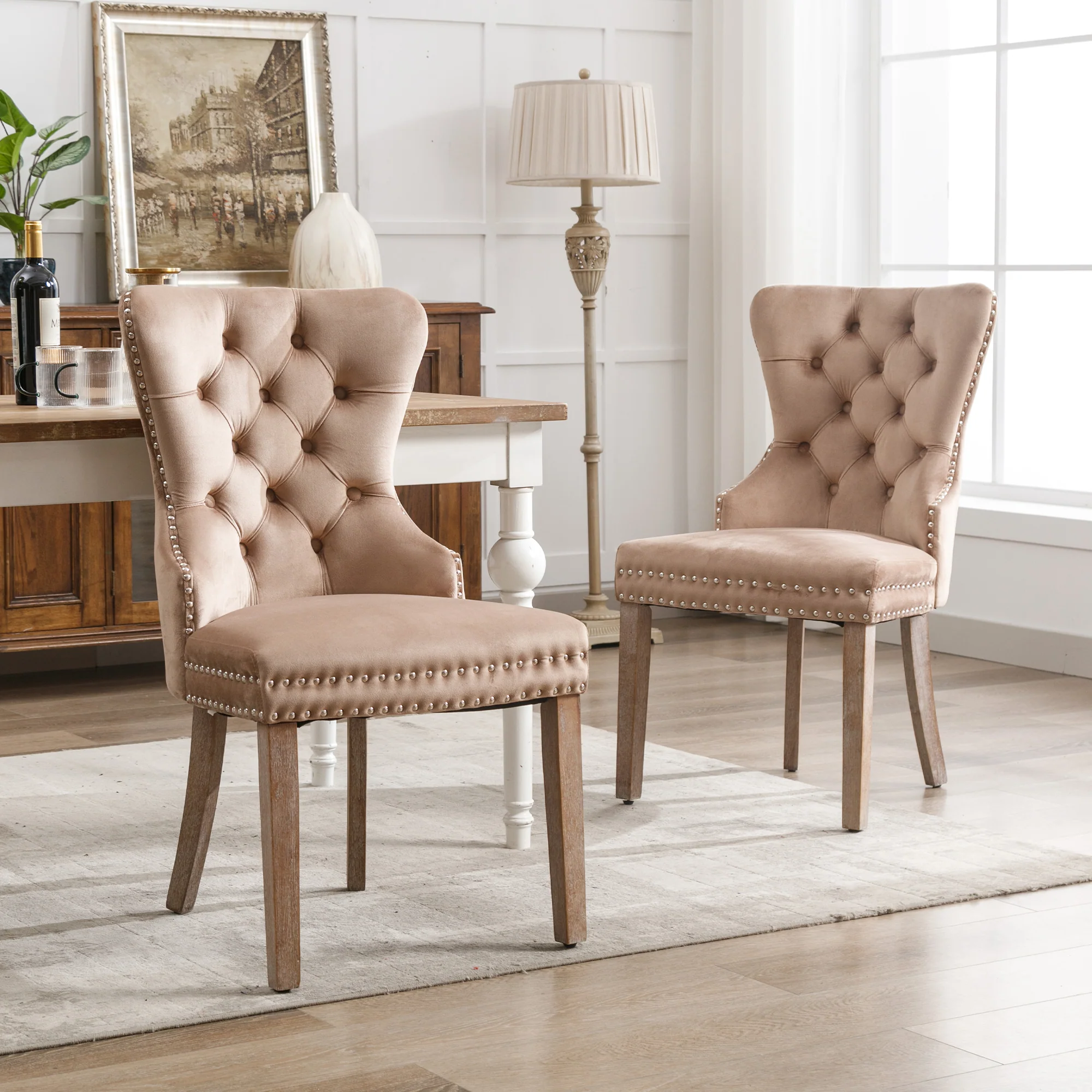 Dining Chair Velvet Upholstered Door Knocker Nailhead Trim Solid Wood Legs 2-Piece Brown