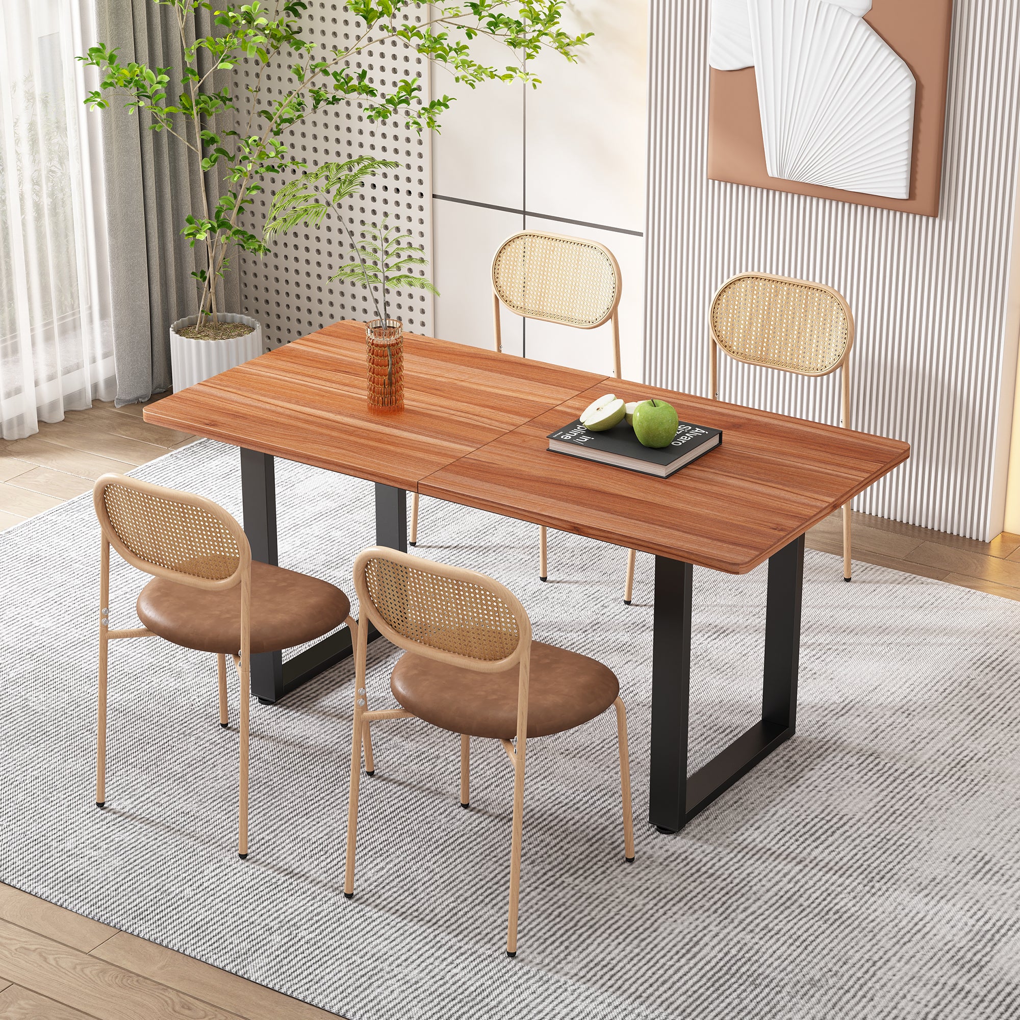 Dining Chairs Set of 4 Rattan Metal Legs Modern Style - Brown