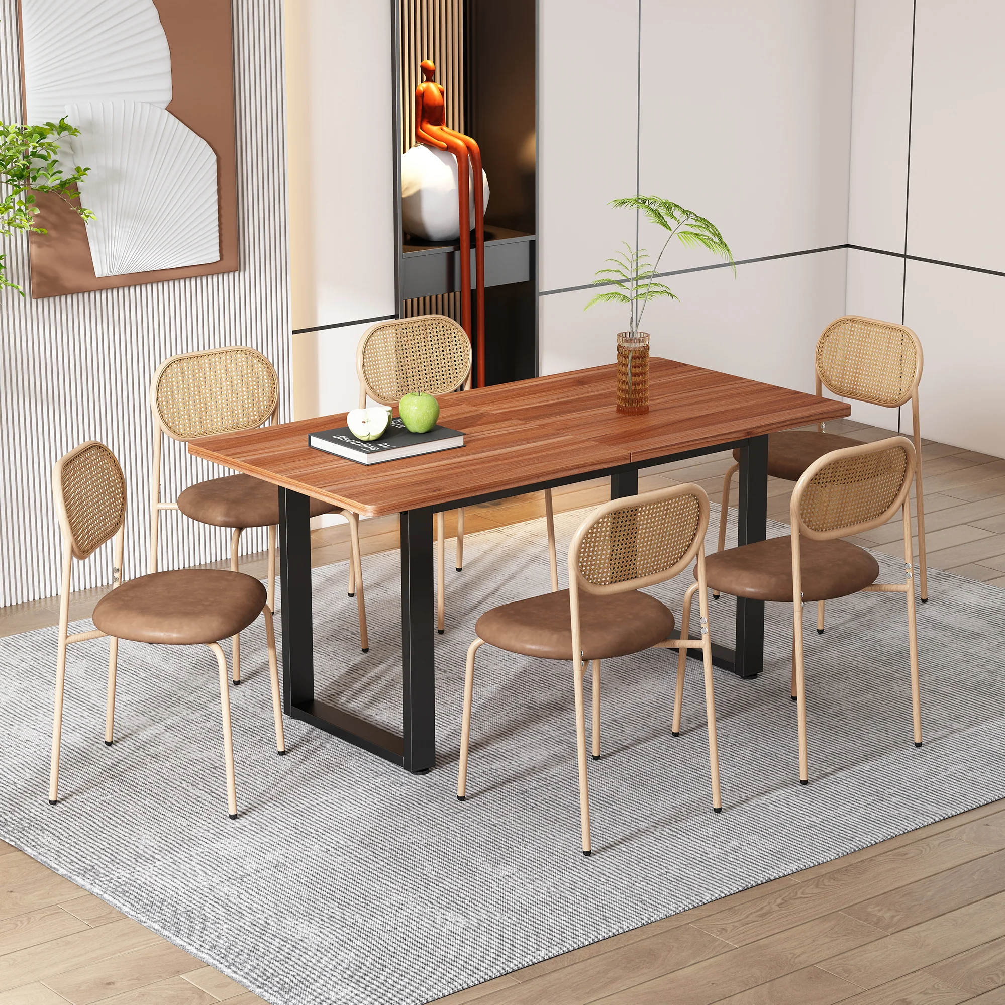 Dining Chairs Set of 4 Rattan Metal Legs Modern Style - Brown - Image 3