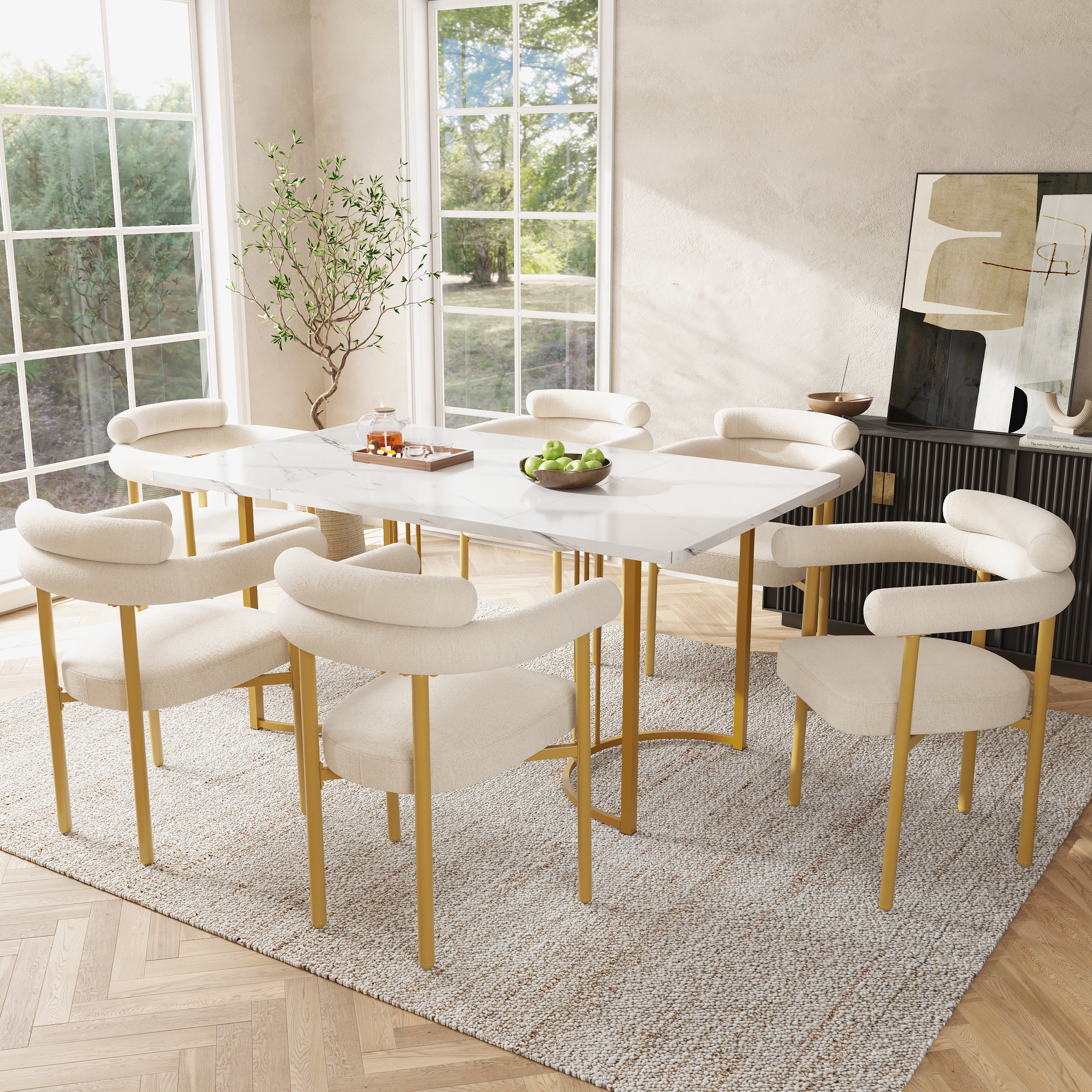 Dining Chairs Set of 6 Modern Comfortable Ring Seats Gold Legs Beige Suede