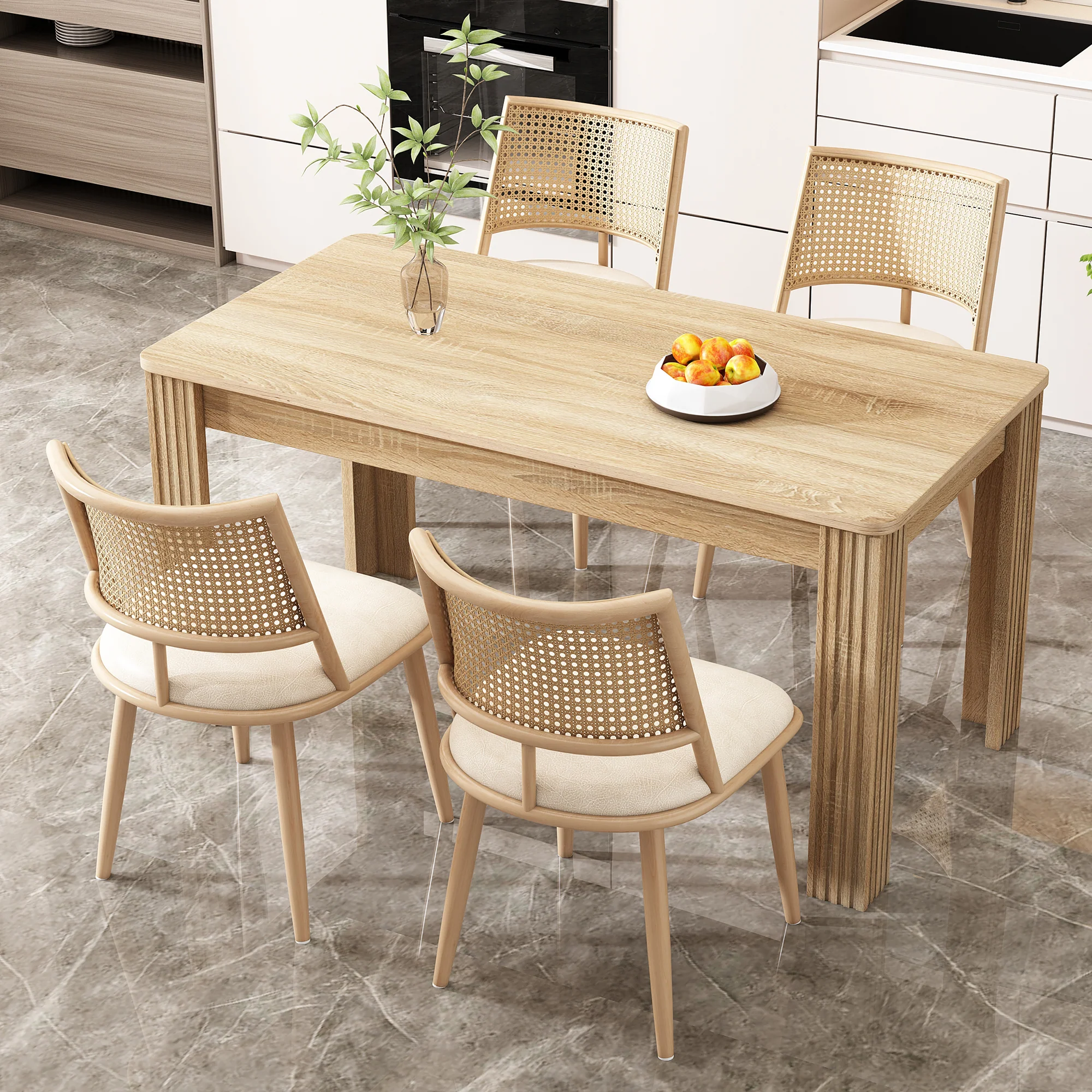 Dining Chairs Set of 6 with PU Seat and Rattan Backrest, Beige - Image 2