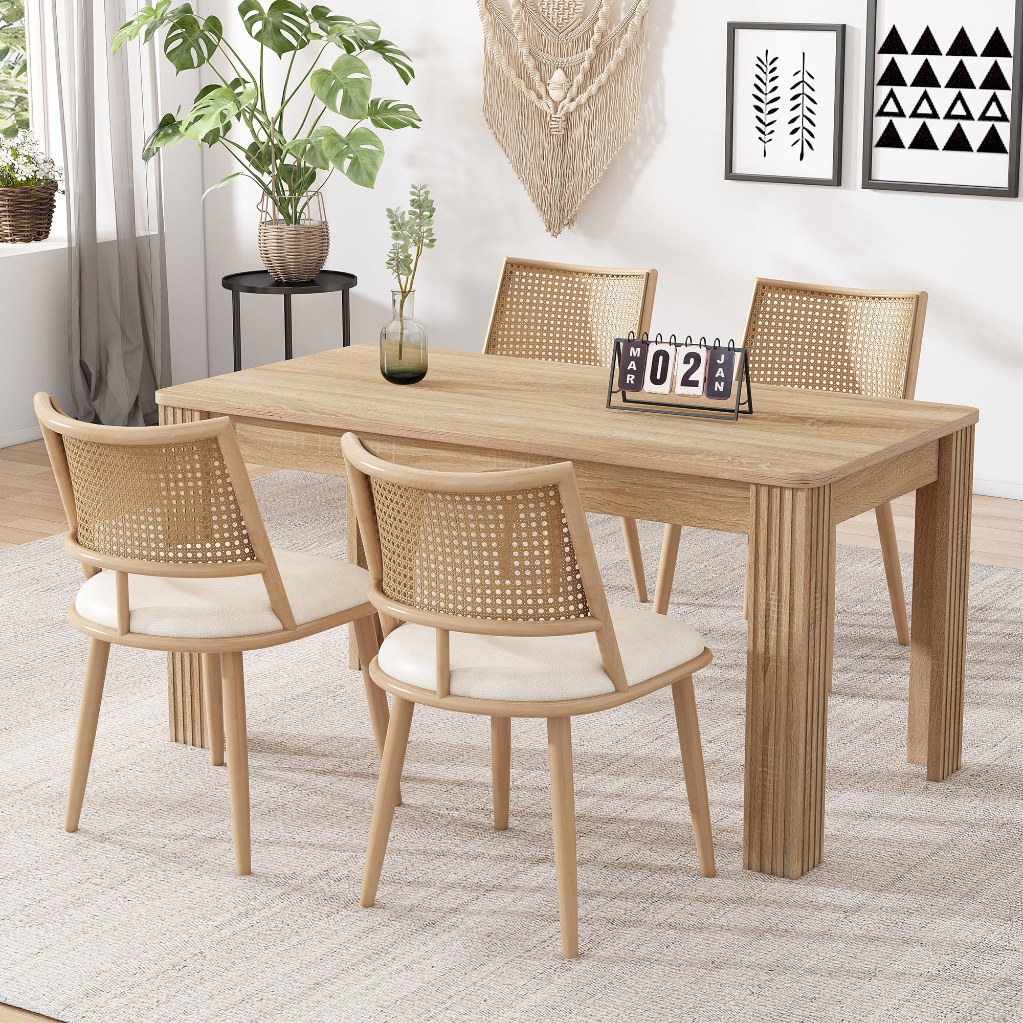Dining Chairs Set of 6 with PU Seat and Rattan Backrest, Beige - Image 3