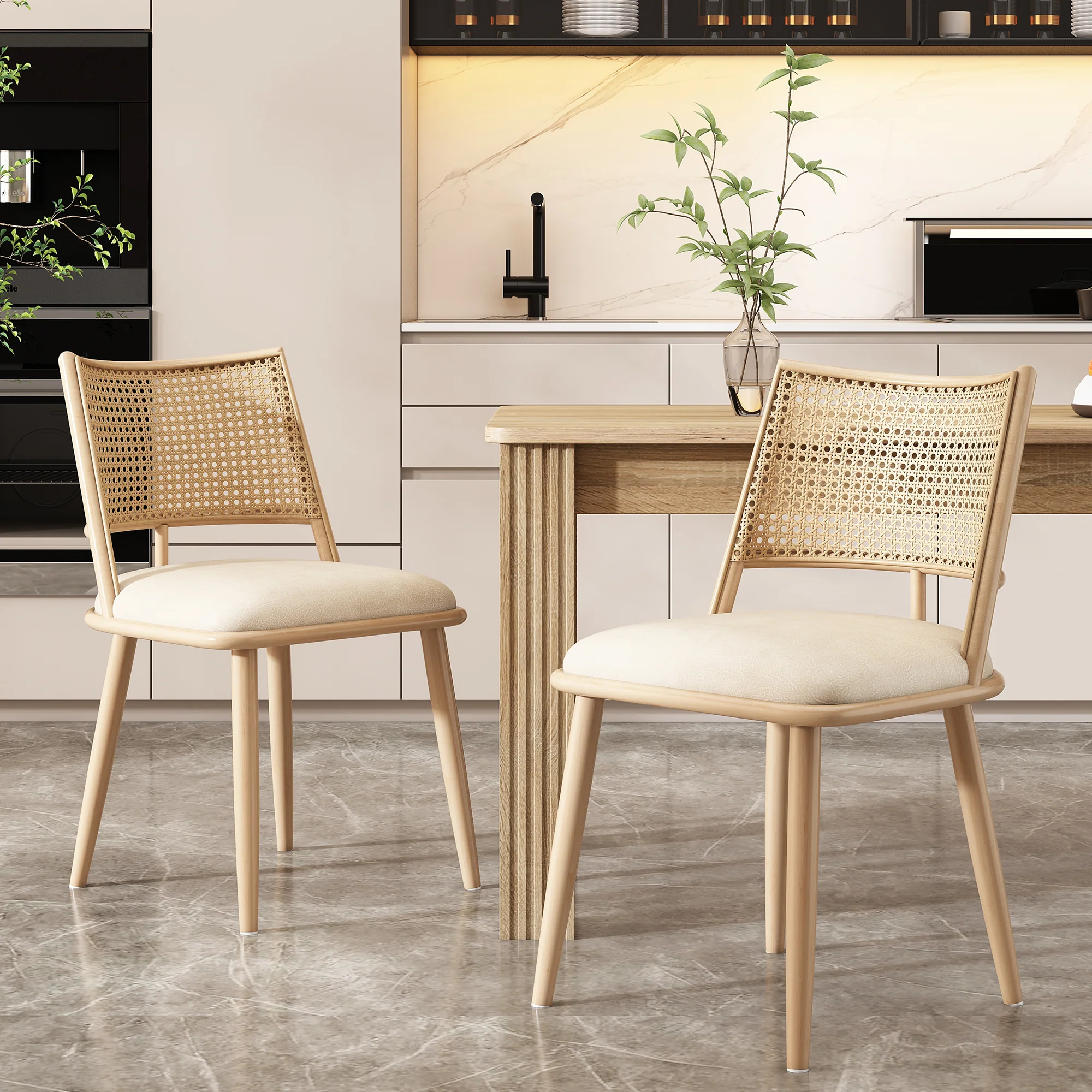 Dining Chairs Set of 6 with PU Seat and Rattan Backrest, Beige - Image 4