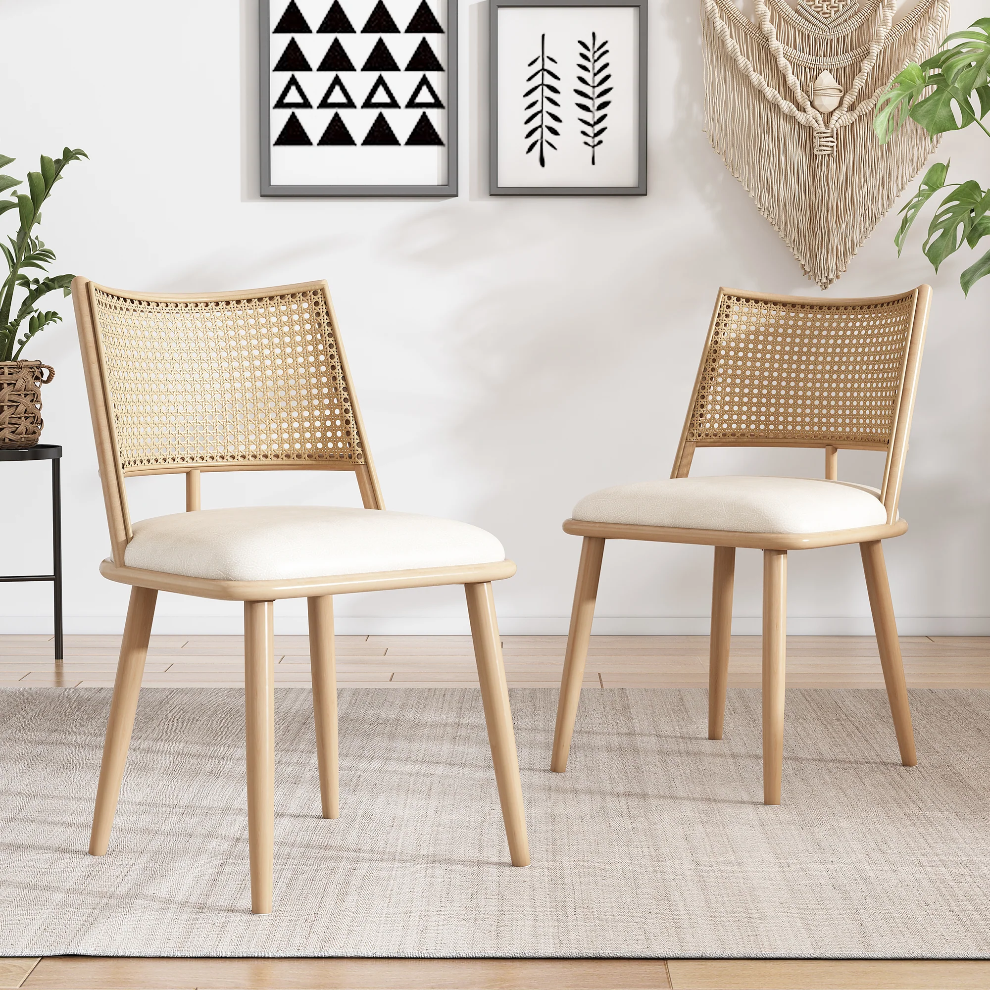 Dining Chairs Set of 6 with PU Seat and Rattan Backrest, Beige - Image 5