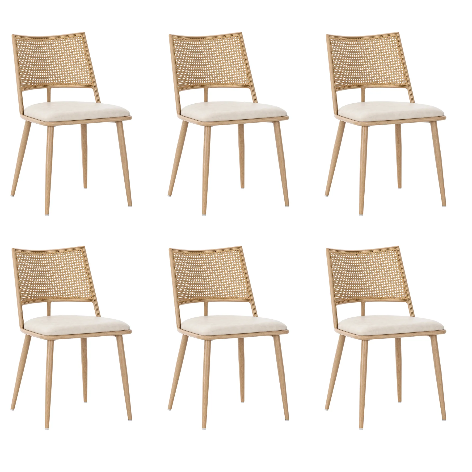 Dining Chairs Set of 6 with PU Seat and Rattan Backrest, Beige - Image 6