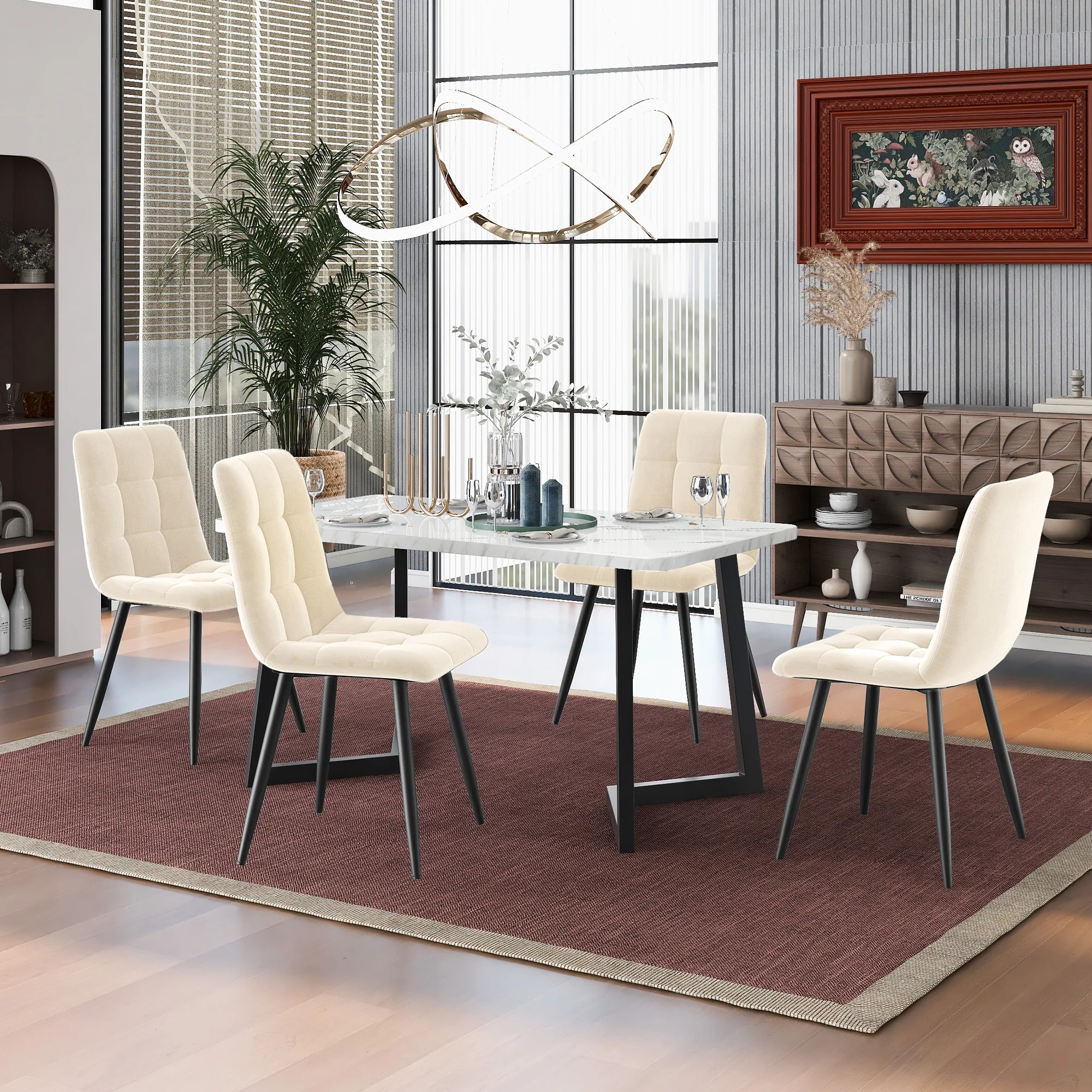 Dining Set 5-Piece 117cm Rectangular Kitchen 4 Chairs Beige Velvet Black