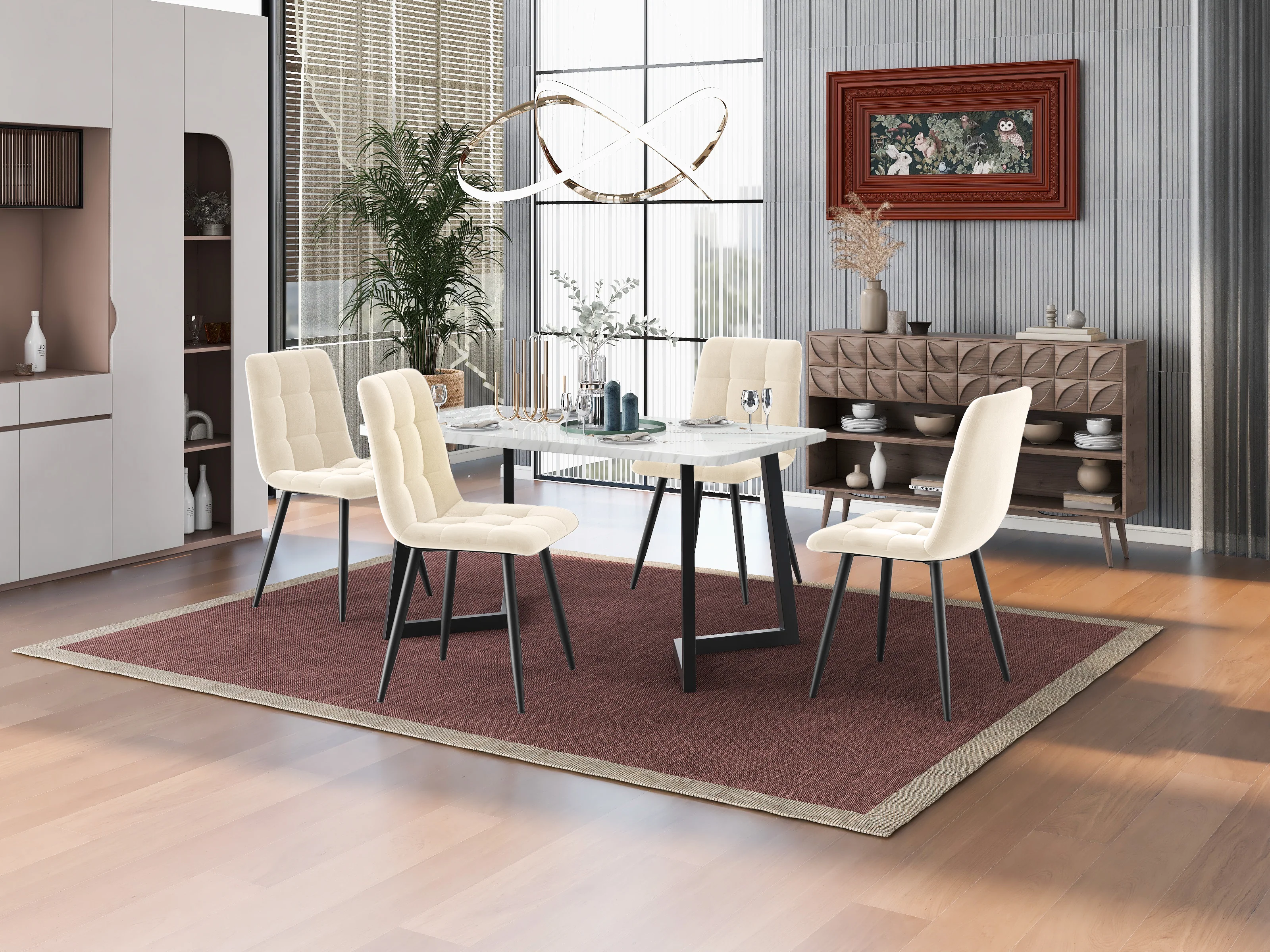 Dining Set 5-Piece 117cm Rectangular Kitchen 4 Chairs Beige Velvet Black - Image 2