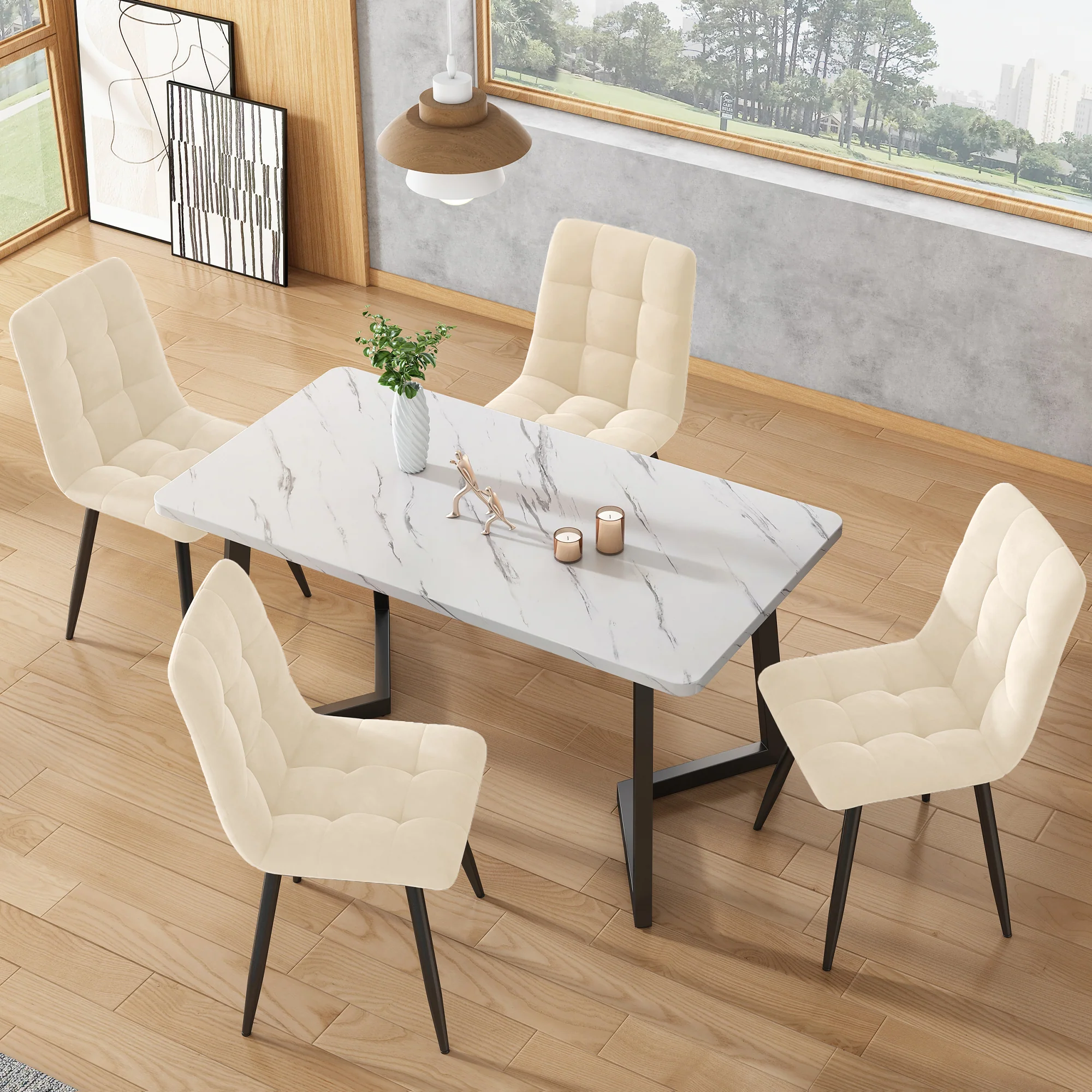Dining Set 5-Piece 117cm Rectangular Kitchen 4 Chairs Beige Velvet Black - Image 3