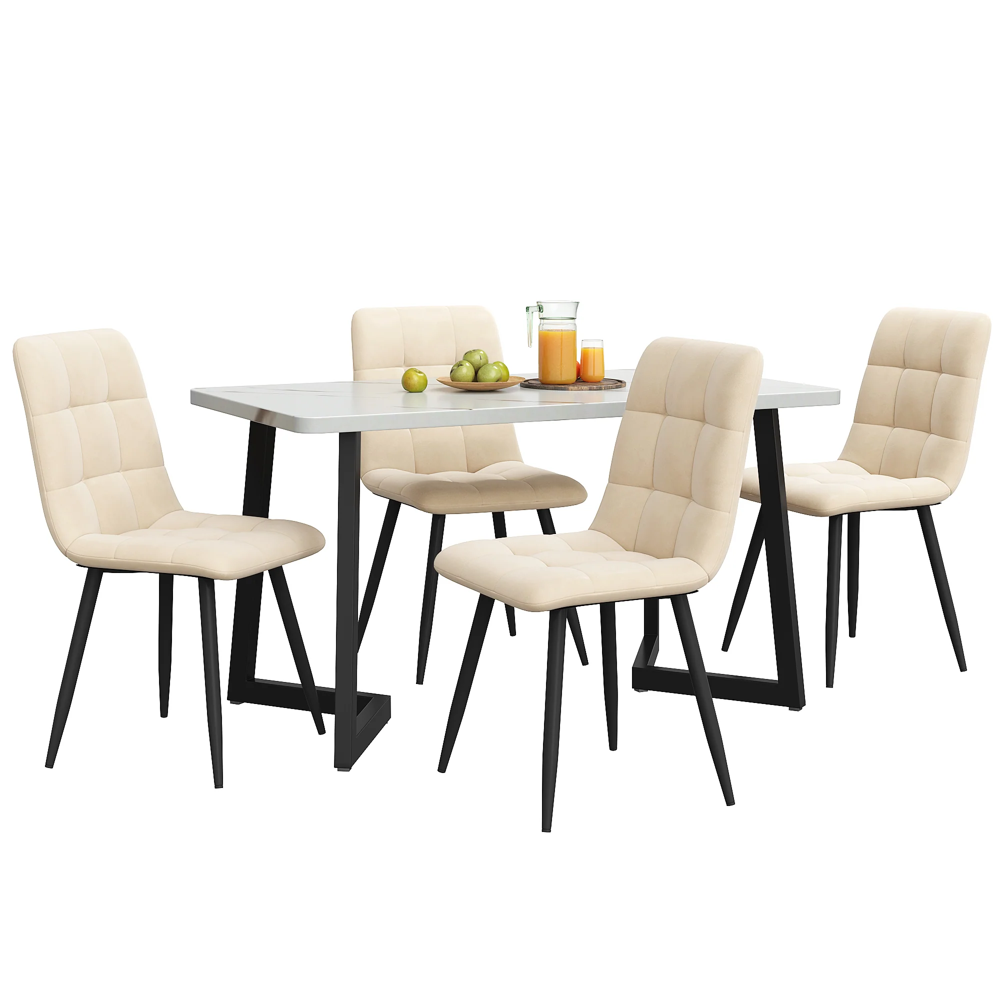 Dining Set 5-Piece 117cm Rectangular Kitchen 4 Chairs Beige Velvet Black - Image 4