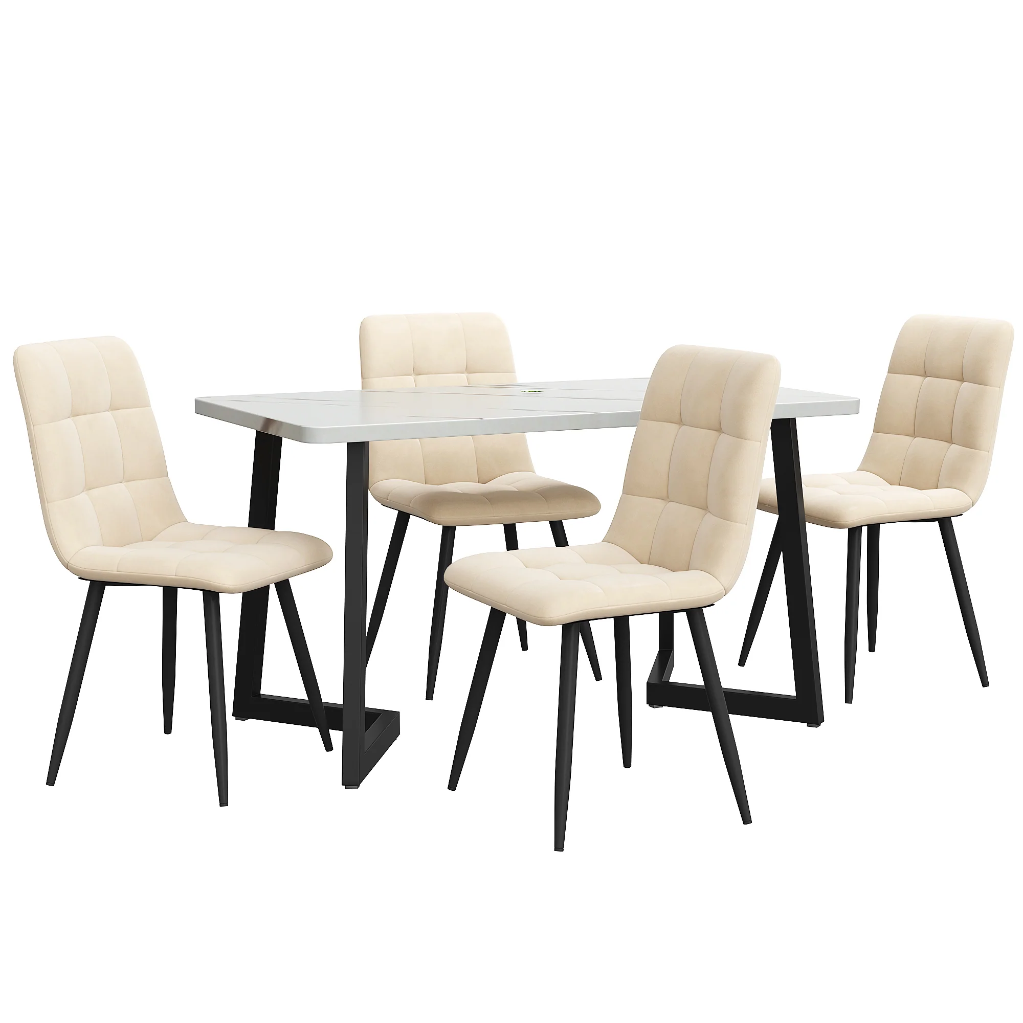 Dining Set 5-Piece 117cm Rectangular Kitchen 4 Chairs Beige Velvet Black - Image 5