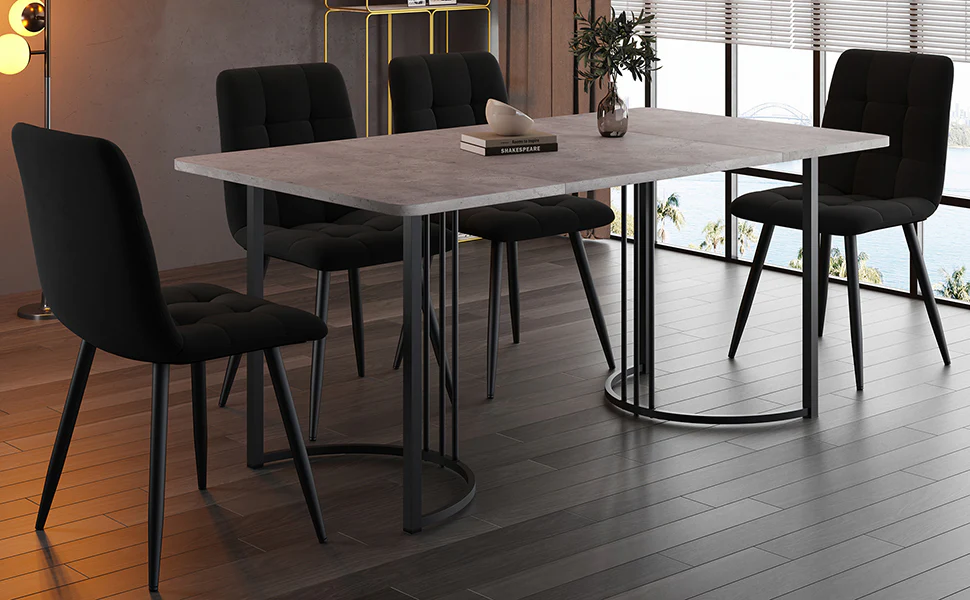 Dining Set 5-Piece, Modern 140x80cm Table Black Metal Legs & 4 Velvet Chairs, Grey/Black MDF - Image 2
